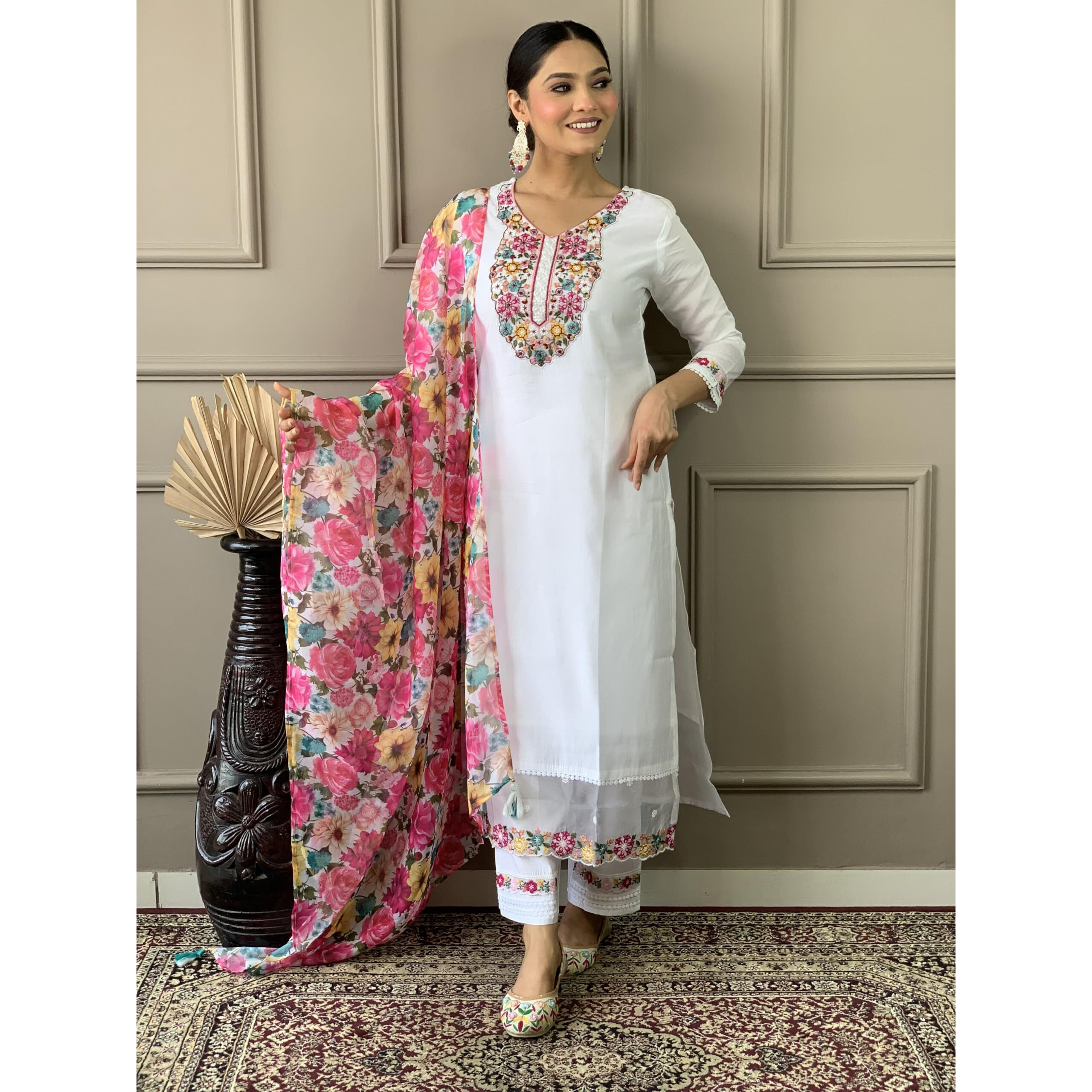 Naixa Women's Off White Chanderi with Cotton Lining Embroidered Straight Kurta with Chanderi Silk Pant and Crep Silk Printed Dupatta Sets (NX-551-Offwhite-XS)