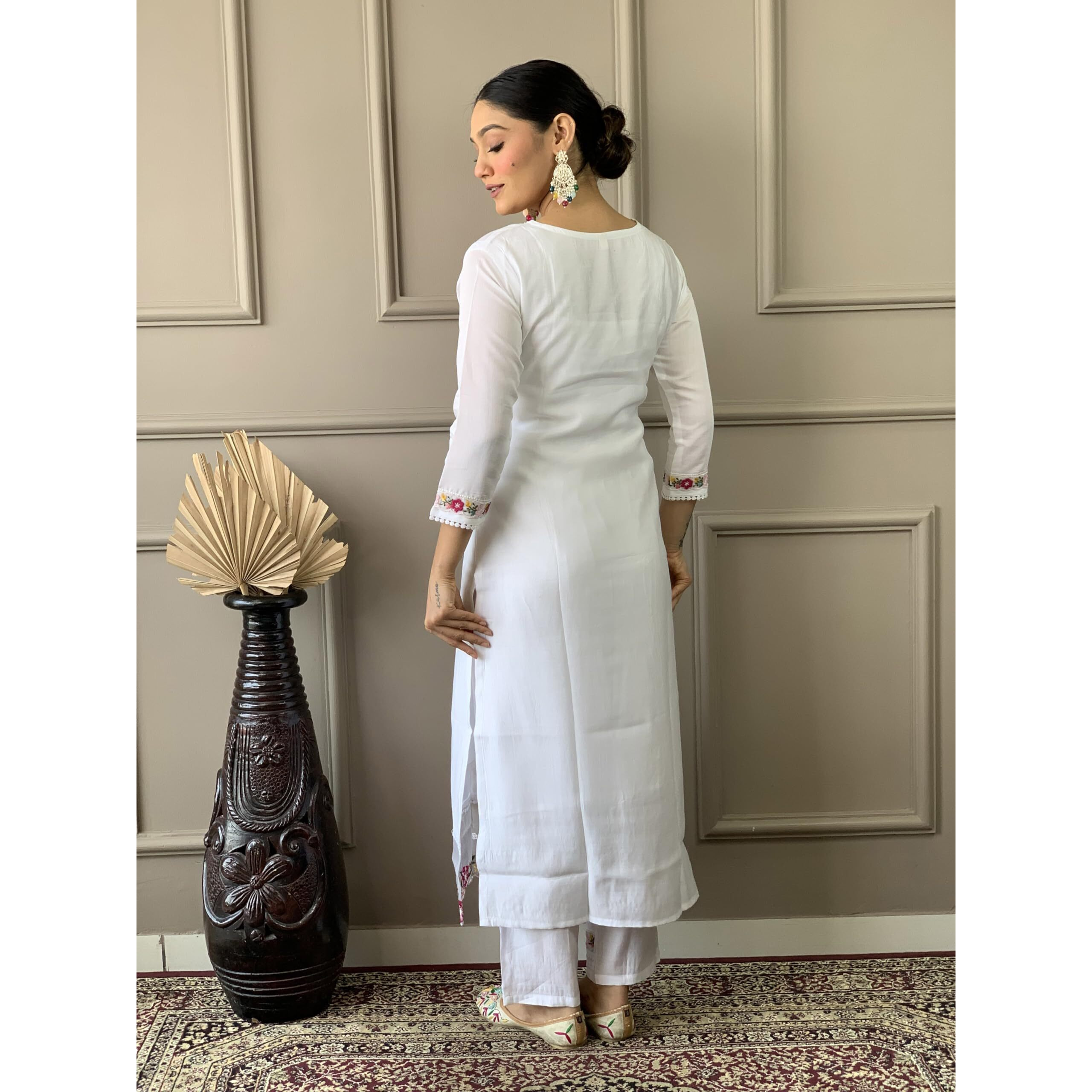 Naixa Women's Off White Chanderi with Cotton Lining Embroidered Straight Kurta with Chanderi Silk Pant and Crep Silk Printed Dupatta Sets (NX-551-Offwhite-XS)