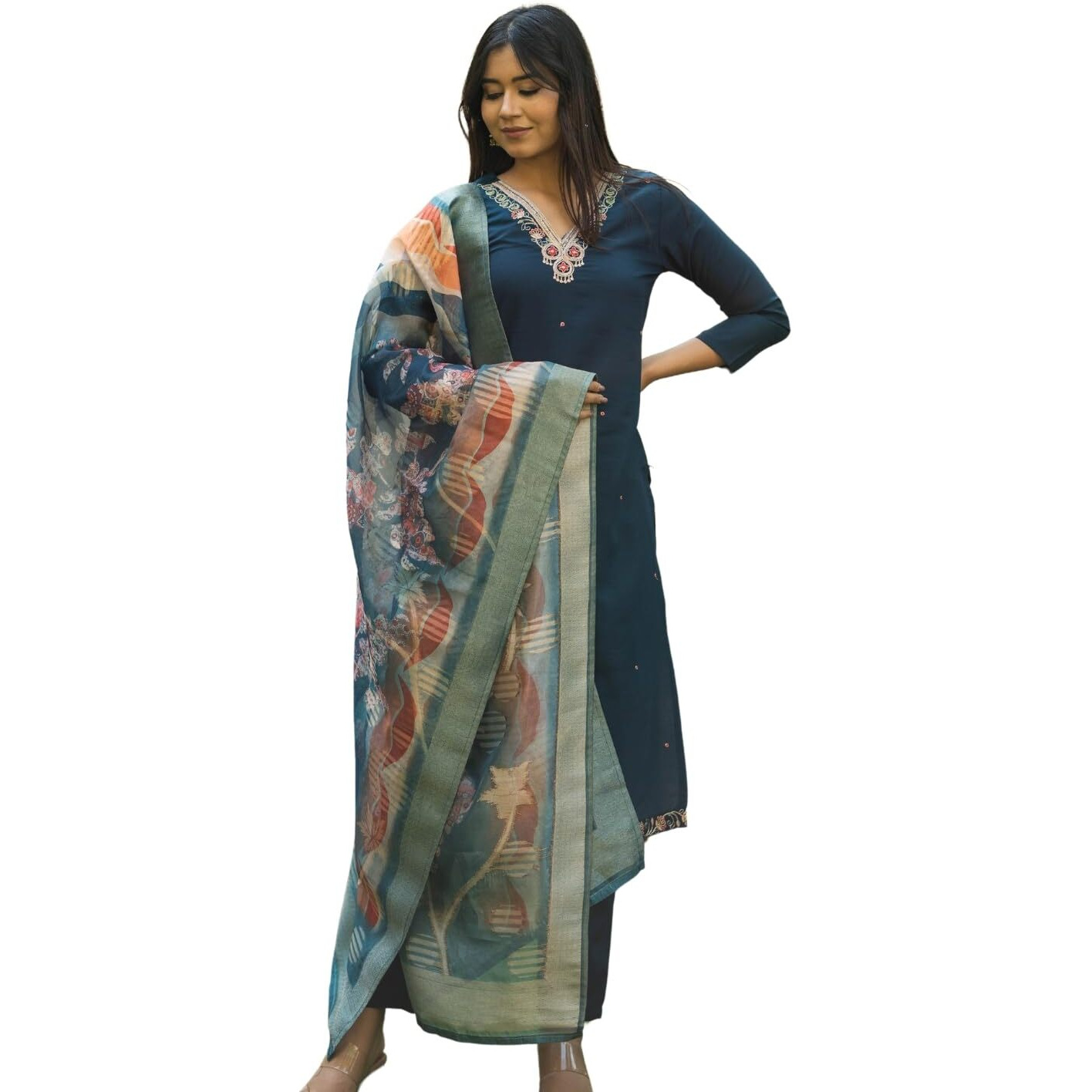 Women's Navy Viscose Embroidered Straight Kurta with BSY Viscose Pant and Jacquard Laced Dupatta Sets (NK2-451-Navy-S)
