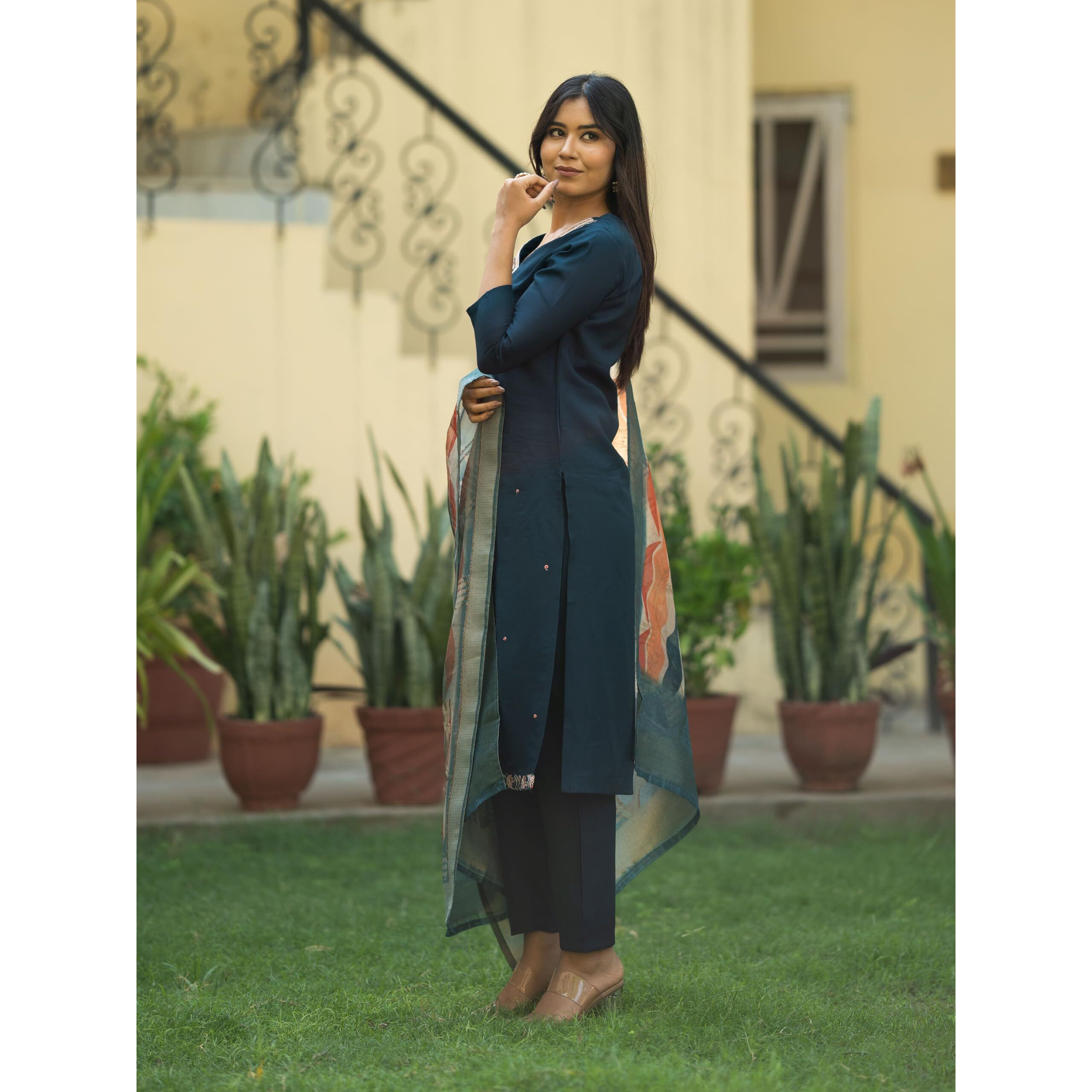 Women's Navy Viscose Embroidered Straight Kurta with BSY Viscose Pant and Jacquard Laced Dupatta Sets (NK2-451-Navy-S)