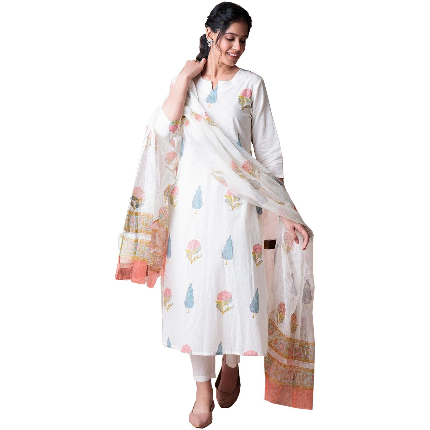 Bollyclues Women's Pure Rayon Printed Straight Kurta with Pant & Dupatta Set White
