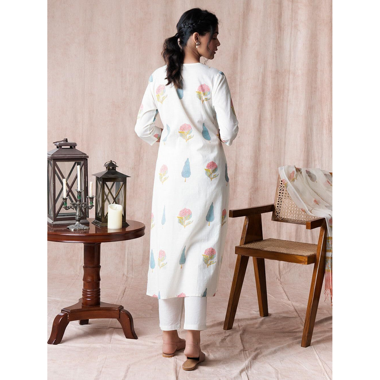 Bollyclues Women's Pure Rayon Printed Straight Kurta with Pant & Dupatta Set White