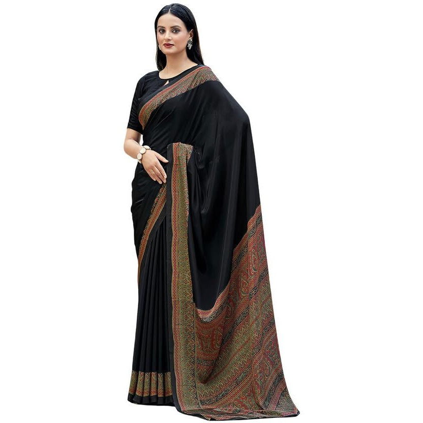 Satrani Women's Silk Crepe Printed Saree with Unstitched Blouse Piece (3441S3023N_Black1)