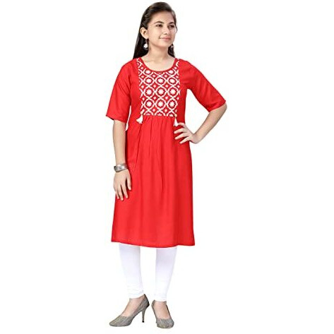 muhuratam Girl's Cotton Regular Tunic Shirt (Kurti-H-6_Red_40)