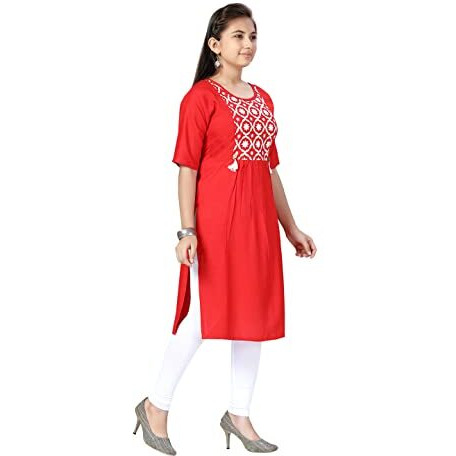 muhuratam Girl's Cotton Regular Tunic Shirt (Kurti-H-6_Red_40)