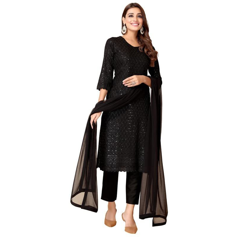 Sanisa Women's Sequence Embroidery Rayon Straight Kurta Set With Dupatta (43KBD522N-M_Black)