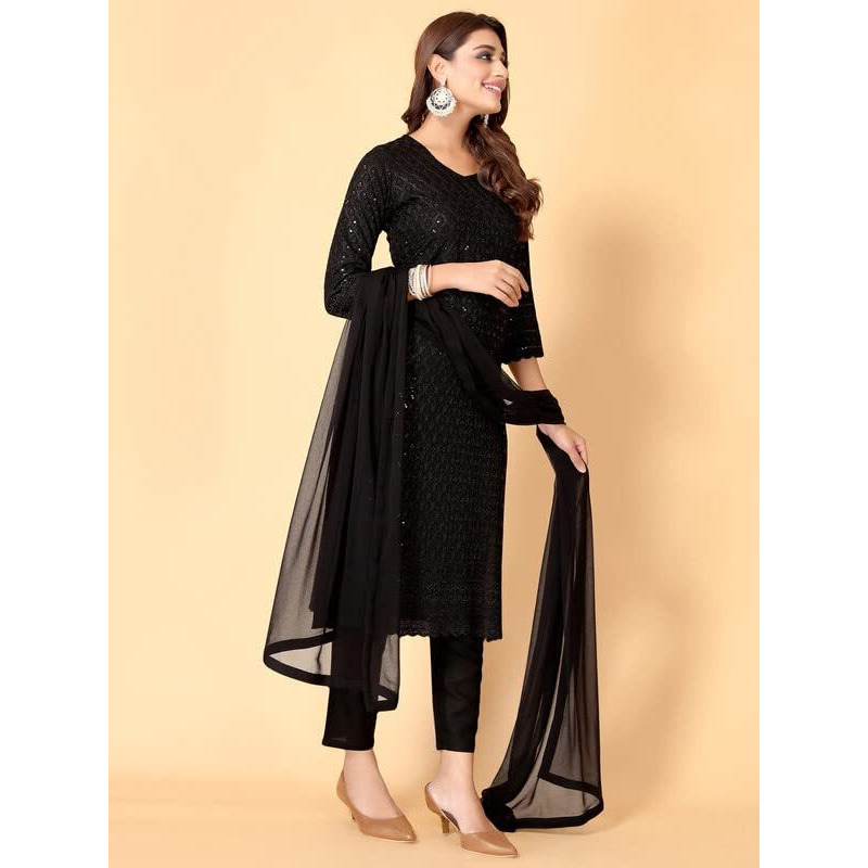 Sanisa Women's Sequence Embroidery Rayon Straight Kurta Set With Dupatta (43KBD522N-M_Black)