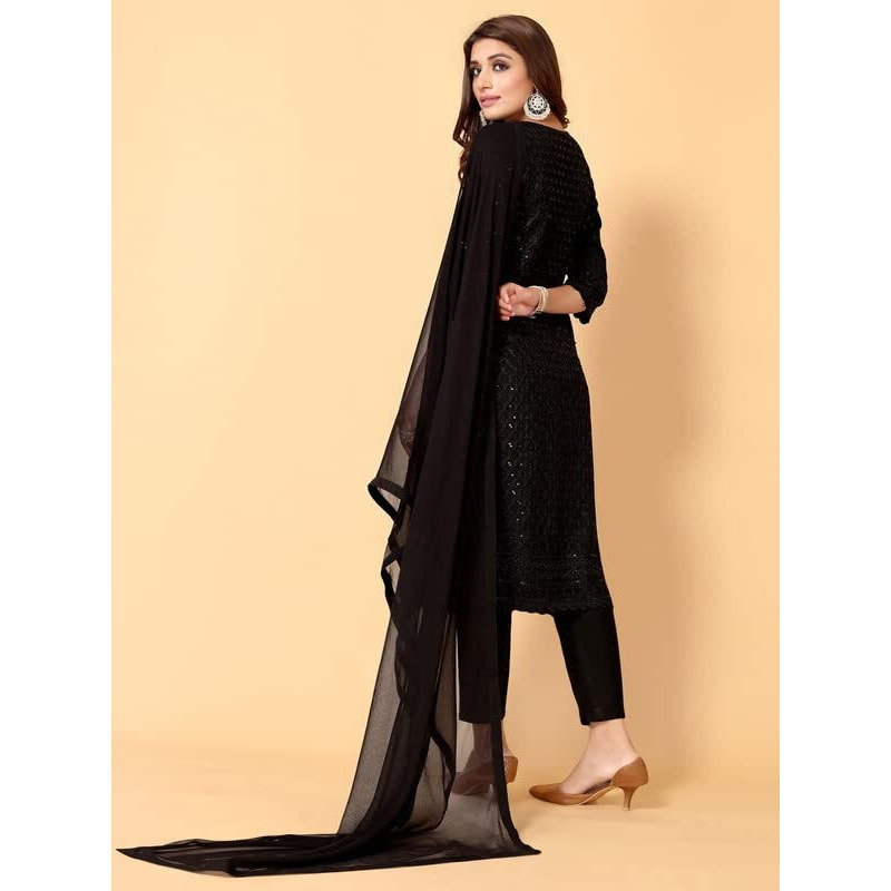 Sanisa Women's Sequence Embroidery Rayon Straight Kurta Set With Dupatta (43KBD522N-M_Black)