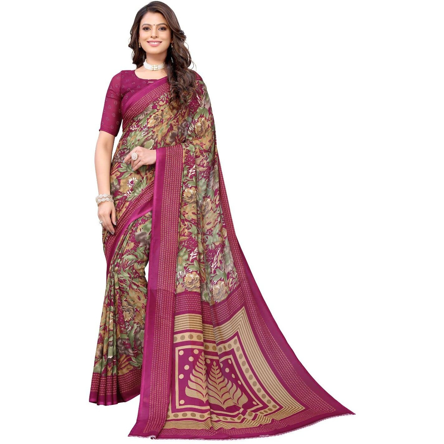 Yashika Women's Georgette Saree With Unstitched Blouse Piece (Kumud Wine_W_Purple)