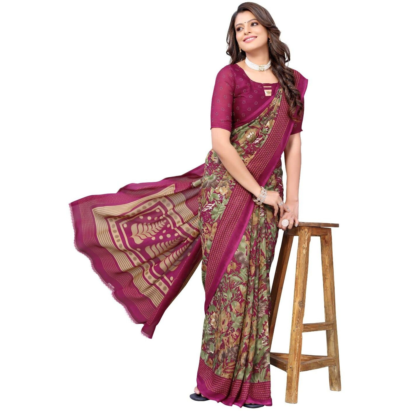 Yashika Women's Georgette Saree With Unstitched Blouse Piece (Kumud Wine_W_Purple)