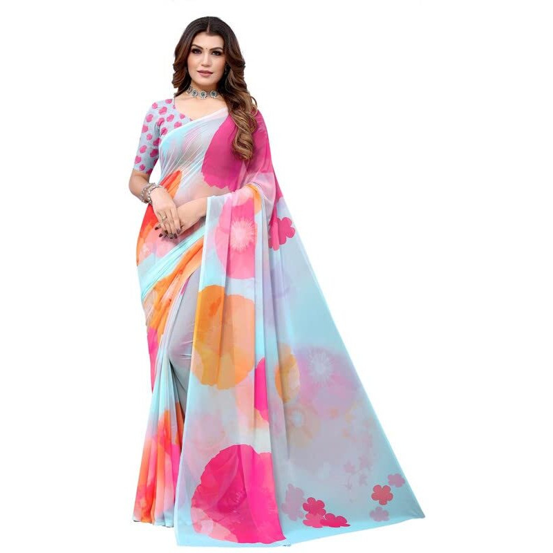 Satrani Women's Georgette Printed Saree with Unstitched Blouse Piece (3192S3183N_Pink & Parrot Green5)