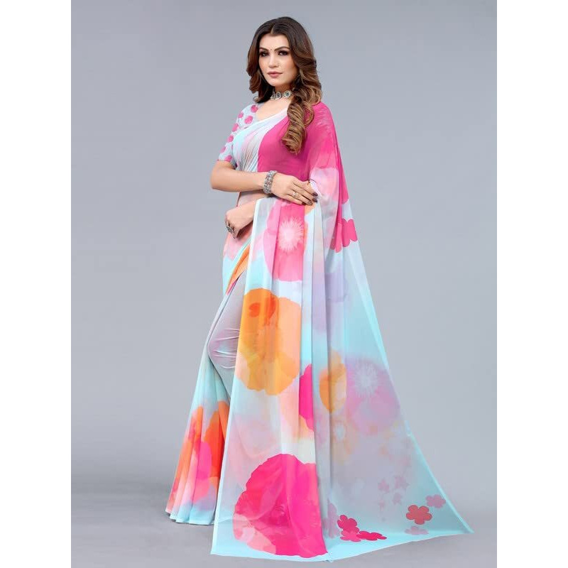 Satrani Women's Georgette Printed Saree with Unstitched Blouse Piece (3192S3183N_Pink & Parrot Green5)