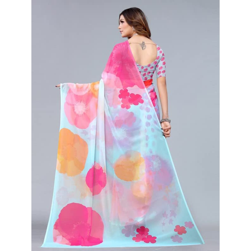 Satrani Women's Georgette Printed Saree with Unstitched Blouse Piece (3192S3183N_Pink & Parrot Green5)