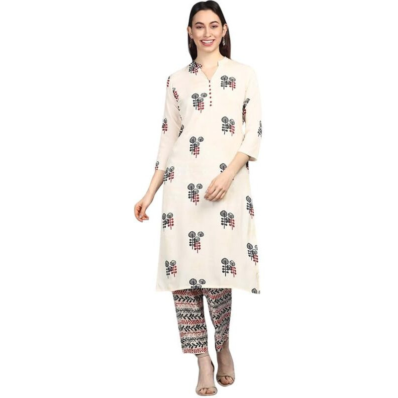 Vaamsi Women's Polycrepe Printed Kurta Pant Set (PKSET1008AB_XXL_Off White)