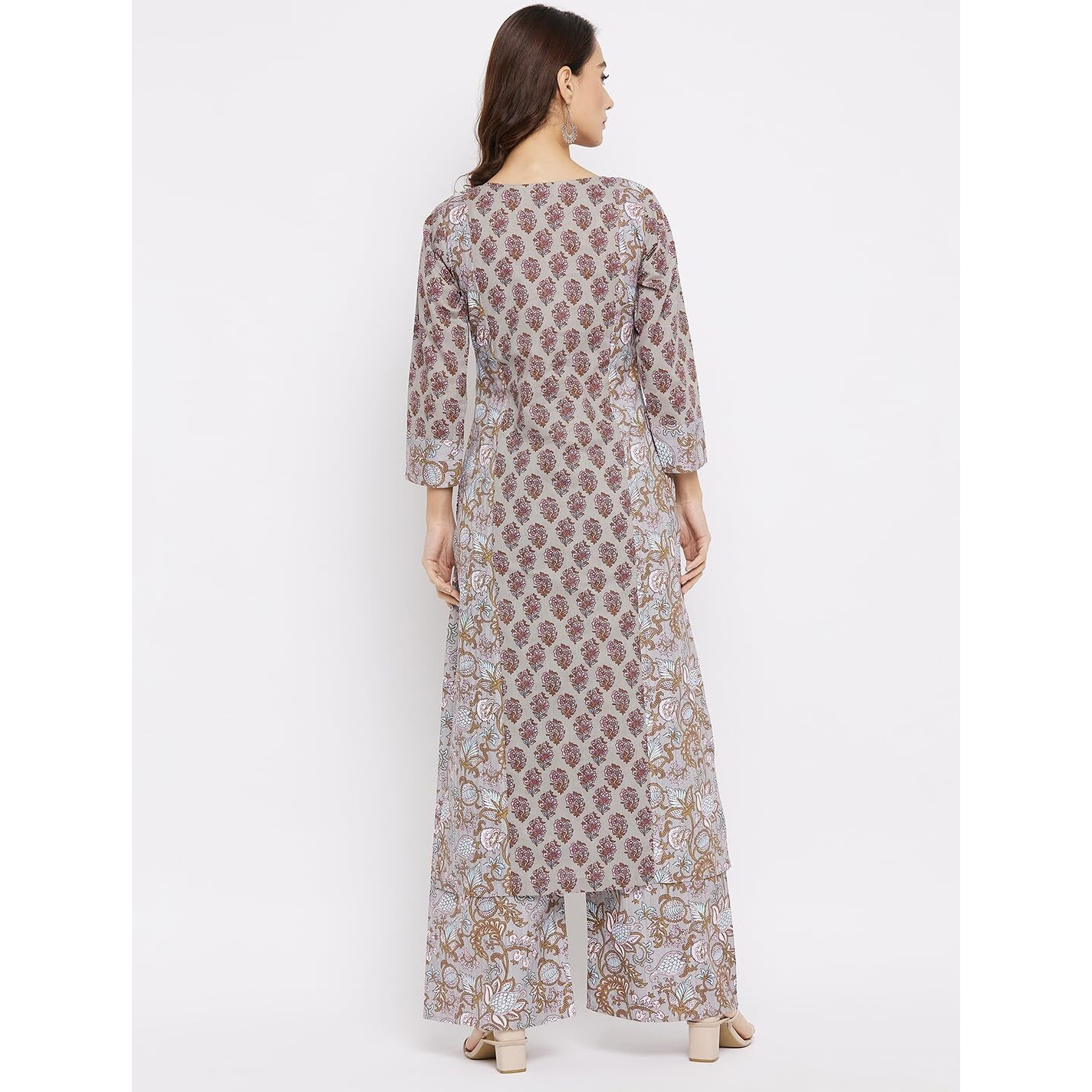 Tissu Women's Cotton Grey & Pink Floral Printed Straight Kurta with Palazzo (Tis-598_Grey_M)