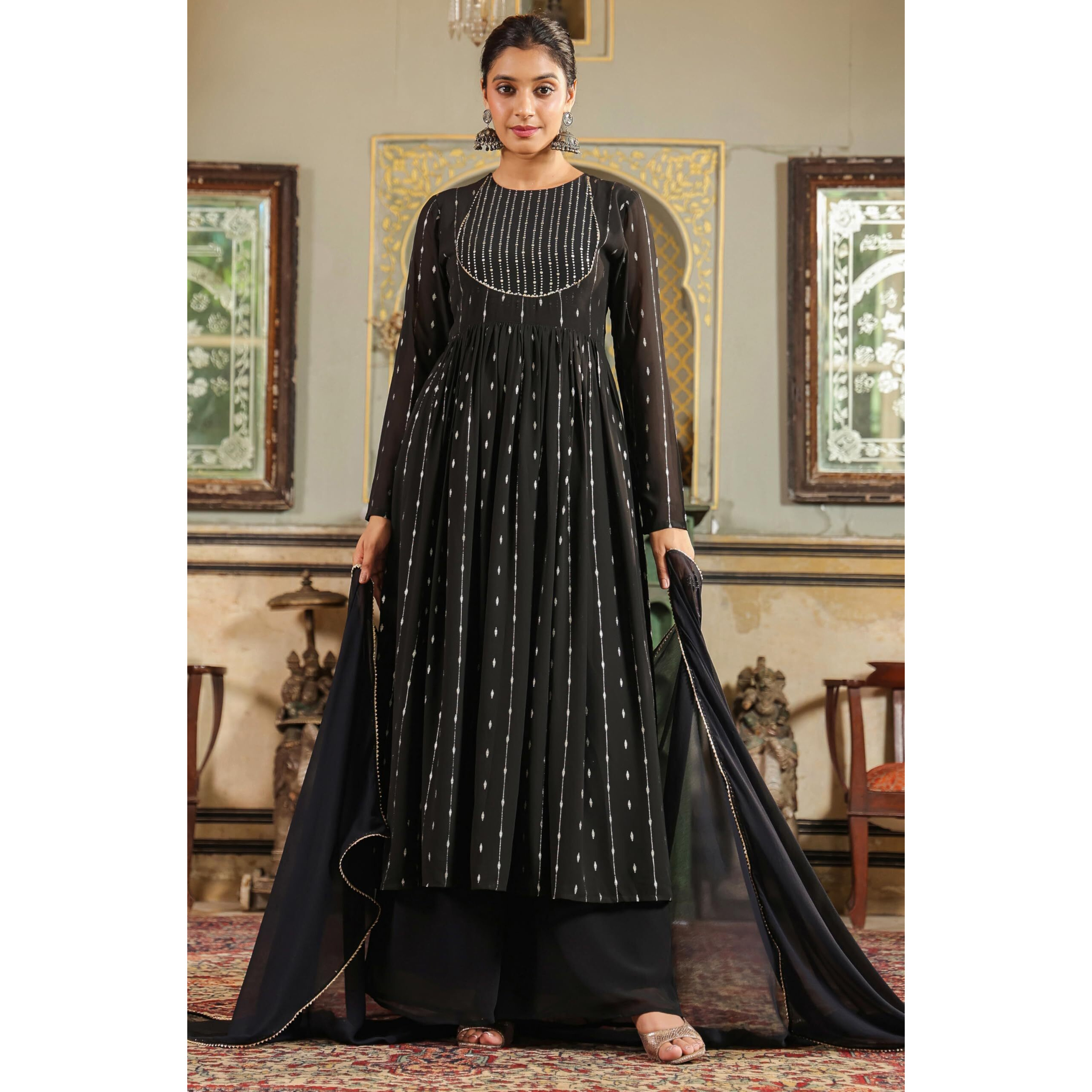 Janasya Women's Black Georgette Foil Printed Anarkali Kurta Set (JAB24ST00556-L)