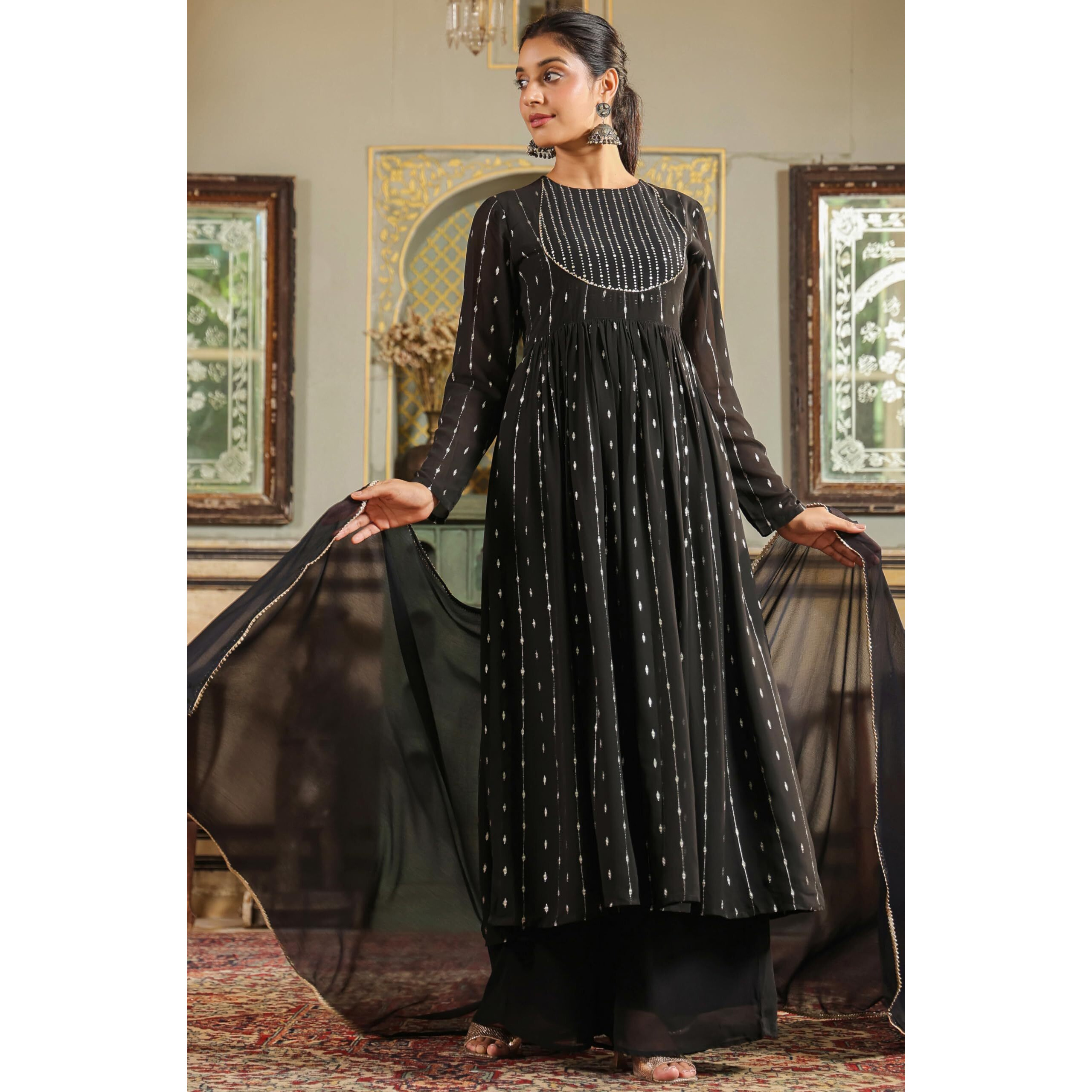 Janasya Women's Black Georgette Foil Printed Anarkali Kurta Set (JAB24ST00556-L)