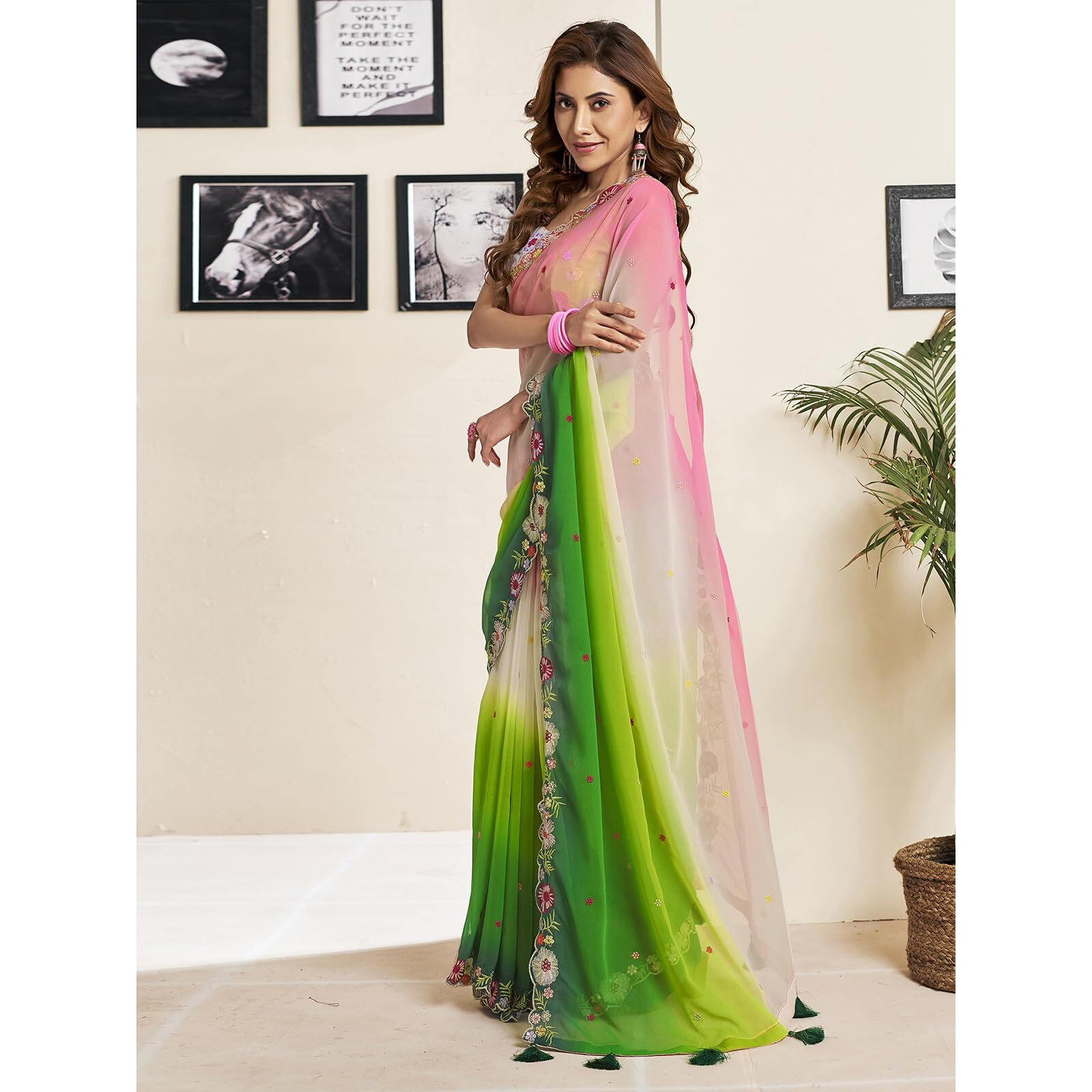 Satrani Women's Georgette Sequence Embroidery Saree with Unstitched Blouse Piece (3791S151N_Green & Cream & Pink)