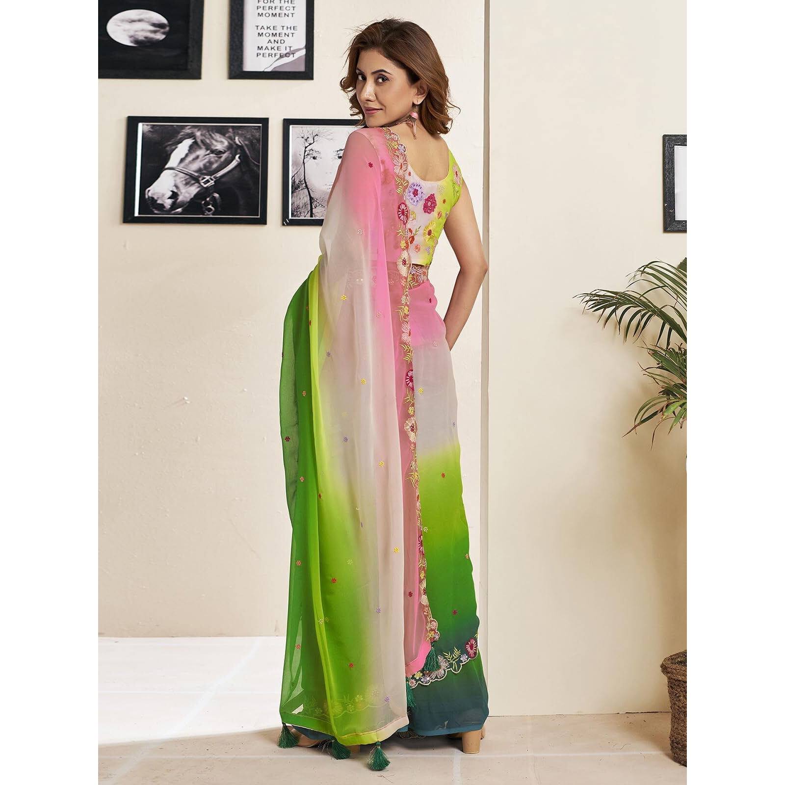 Satrani Women's Georgette Sequence Embroidery Saree with Unstitched Blouse Piece (3791S151N_Green & Cream & Pink)