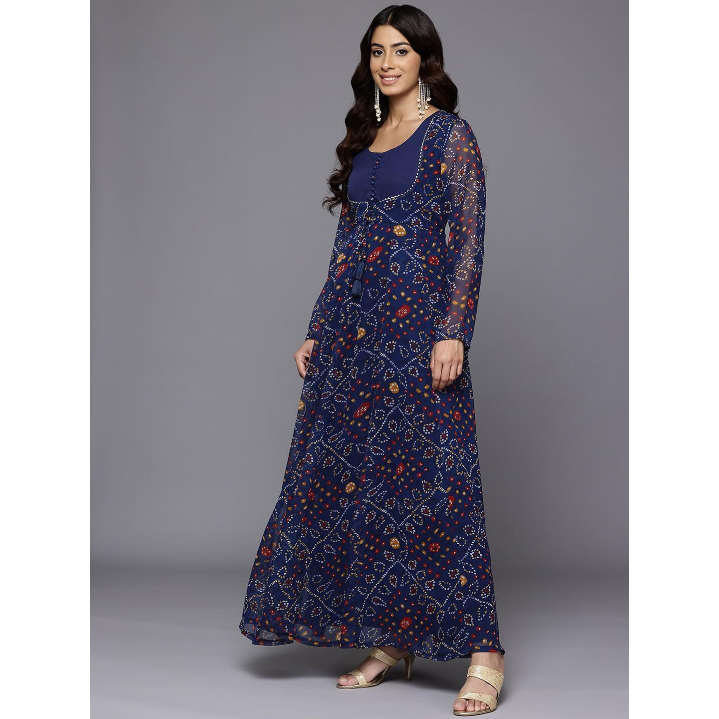 Varanga Women Bandhni Print with Gota Lace Embellished Anarkali Kurta with Dupatta Navy Blue