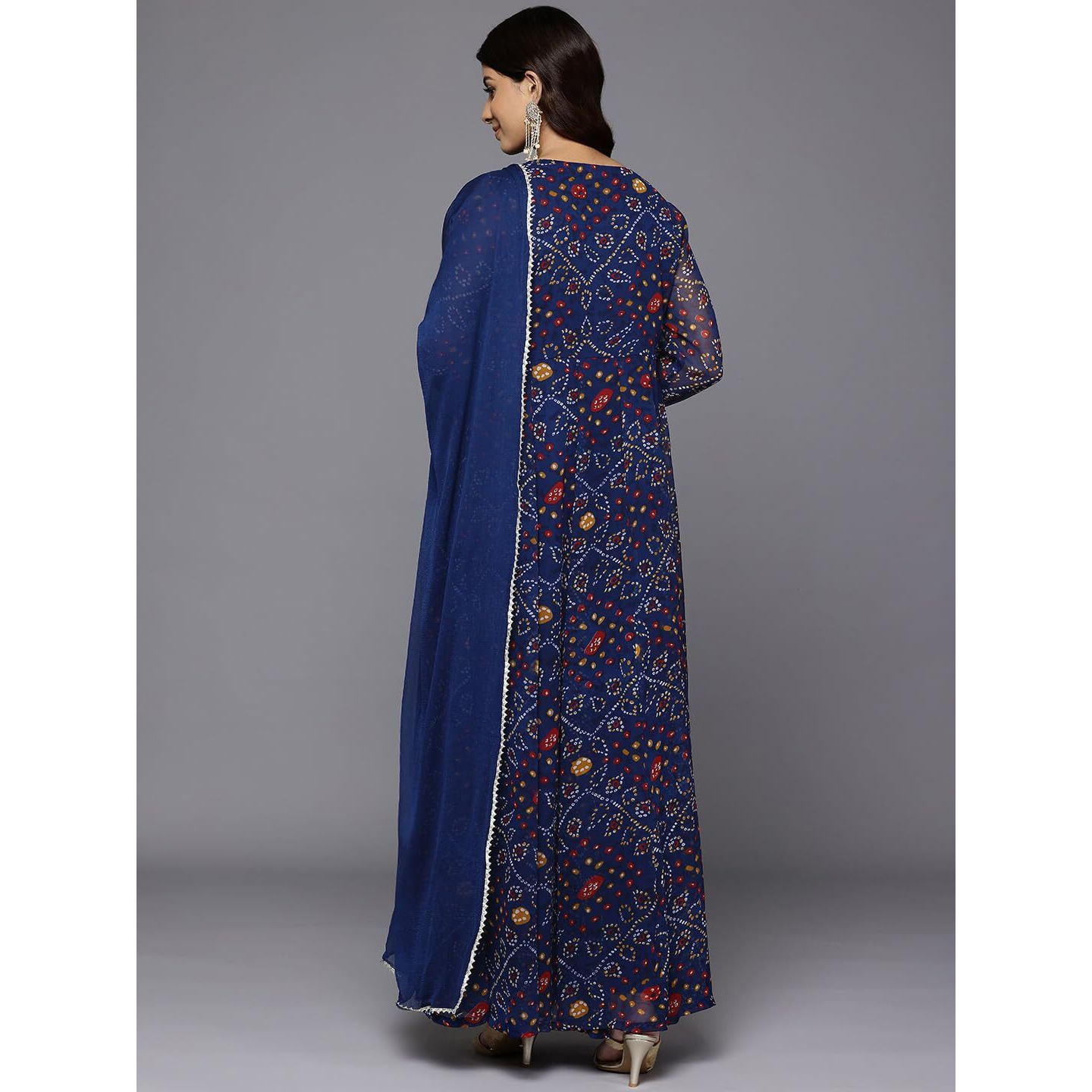 Varanga Women Bandhni Print with Gota Lace Embellished Anarkali Kurta with Dupatta Navy Blue