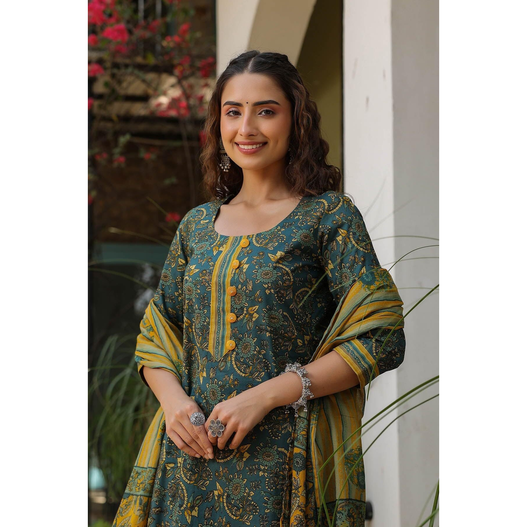 NAINVISH Women's Viscose Rayon Printed Straight Round Neck Kurta Pant with Dupatta (SD704_KBD-S_Teal & Mustard)