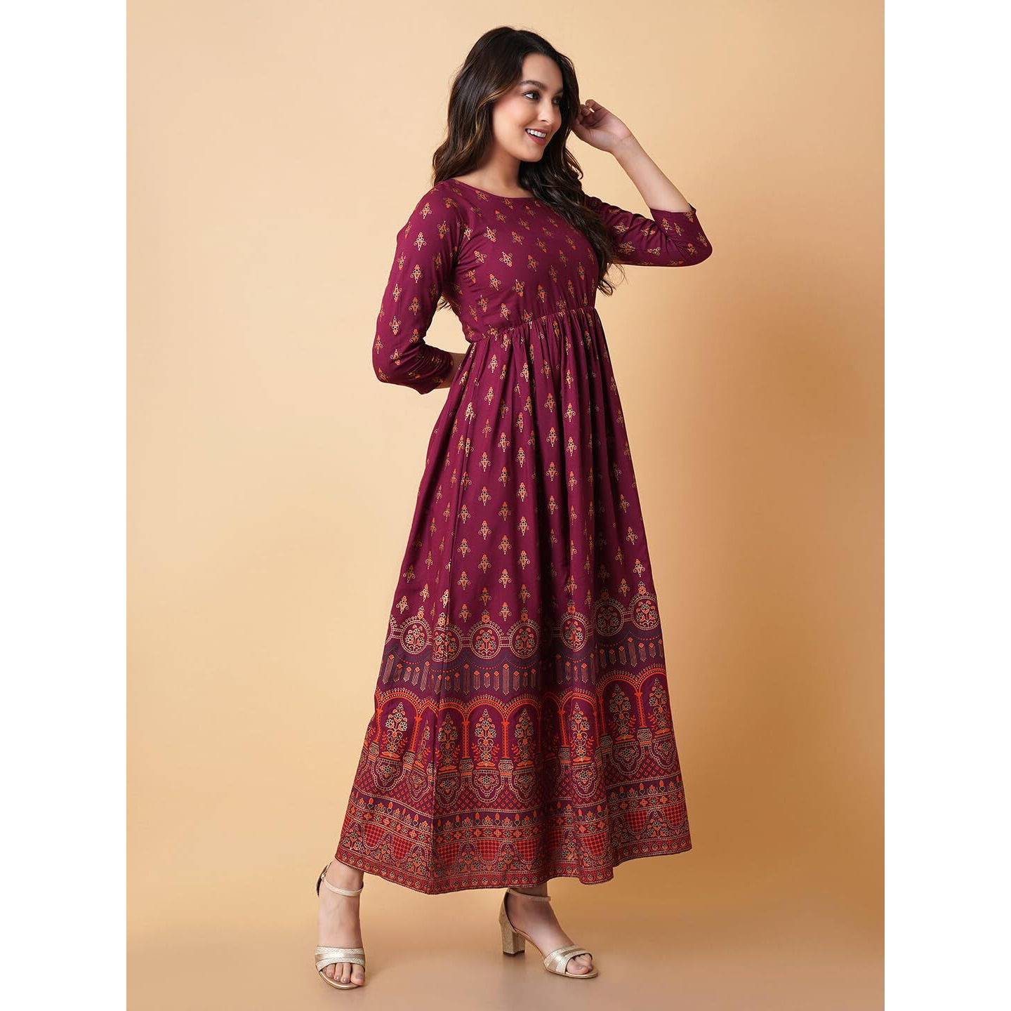 Daevish Women's Printed Ankle Length Flared A-line Kurta|Maxi Length Kurta