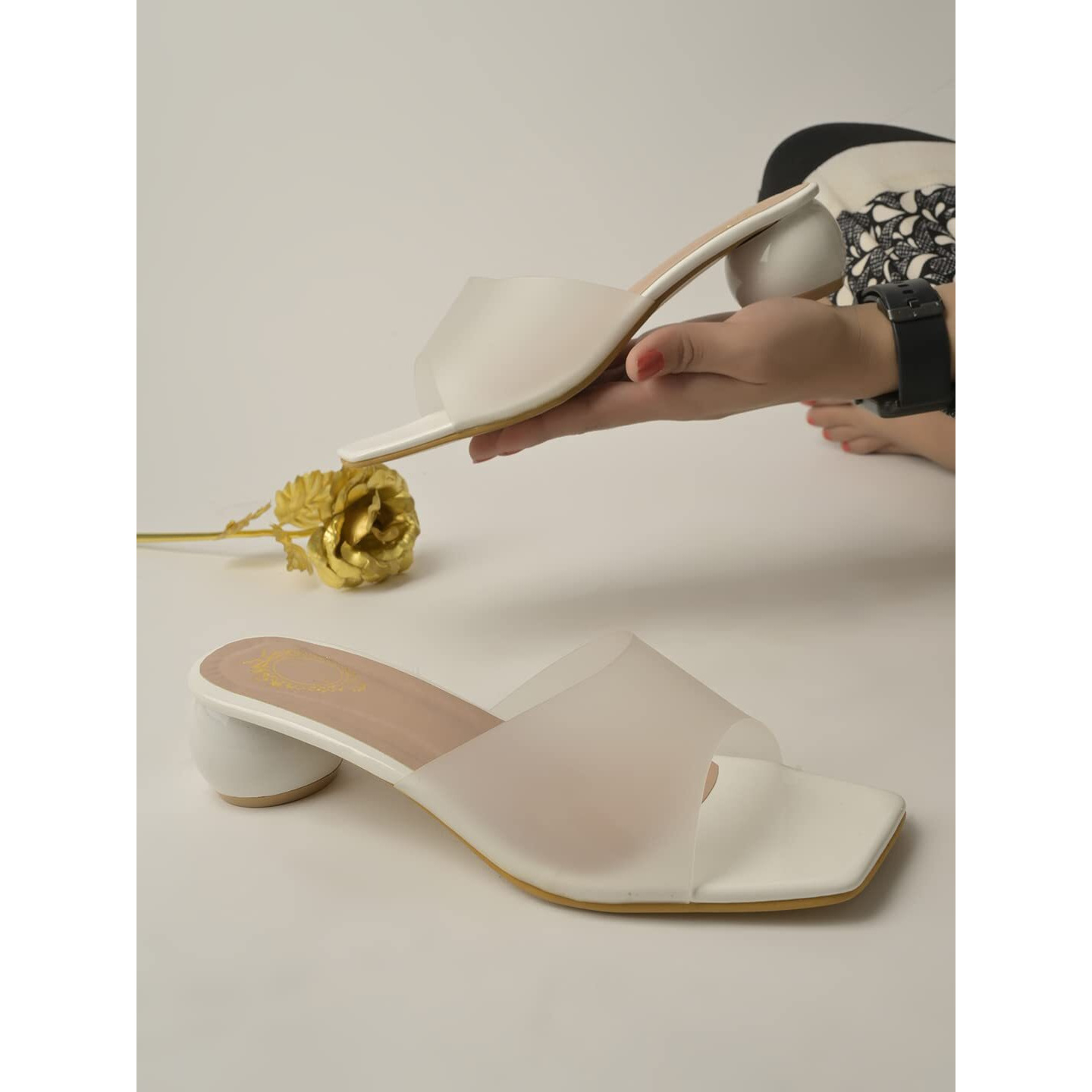 Shoetopia Clear Strap Solid White Block Heels for Women & Girls /UK7
