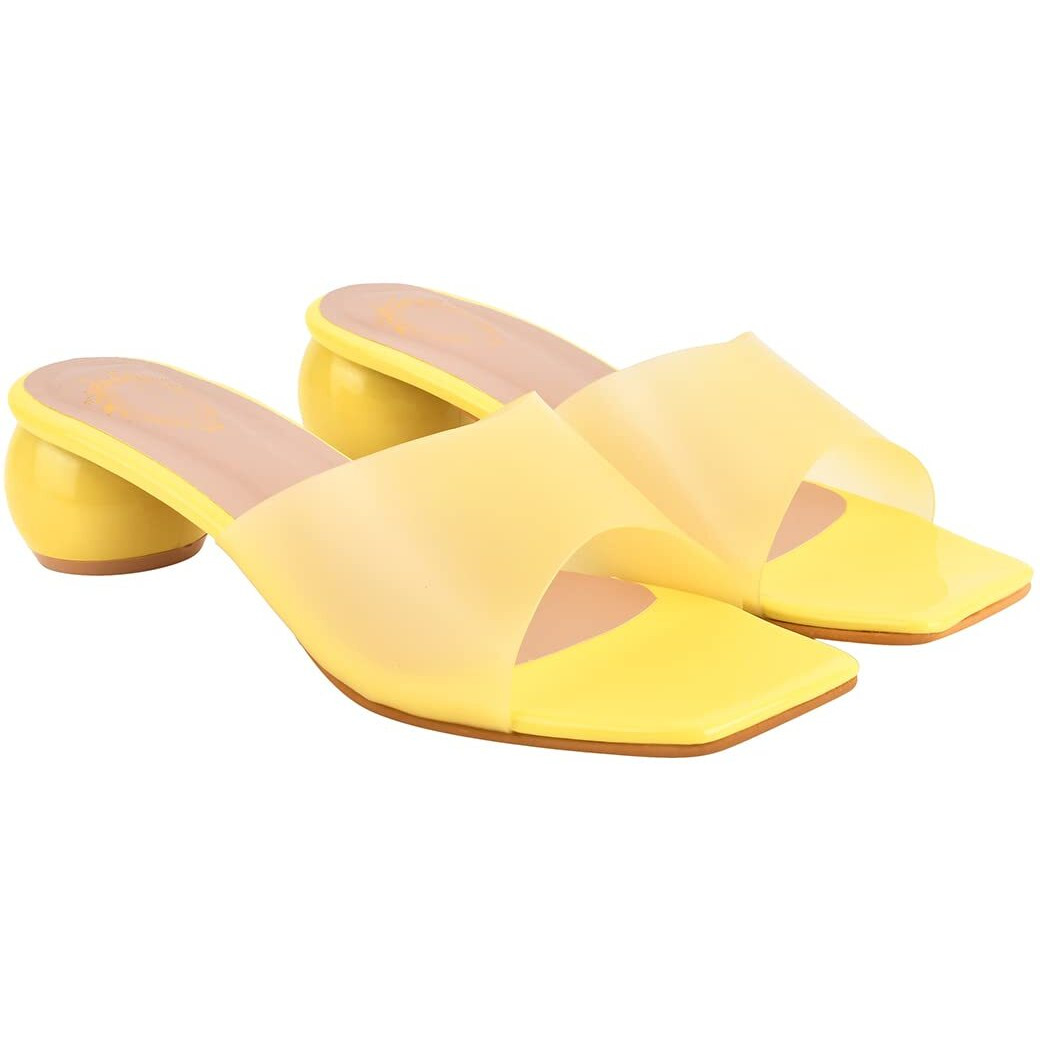 Shoetopia Clear Strap Solid Yellow Block Heels for Women & Girls /UK4