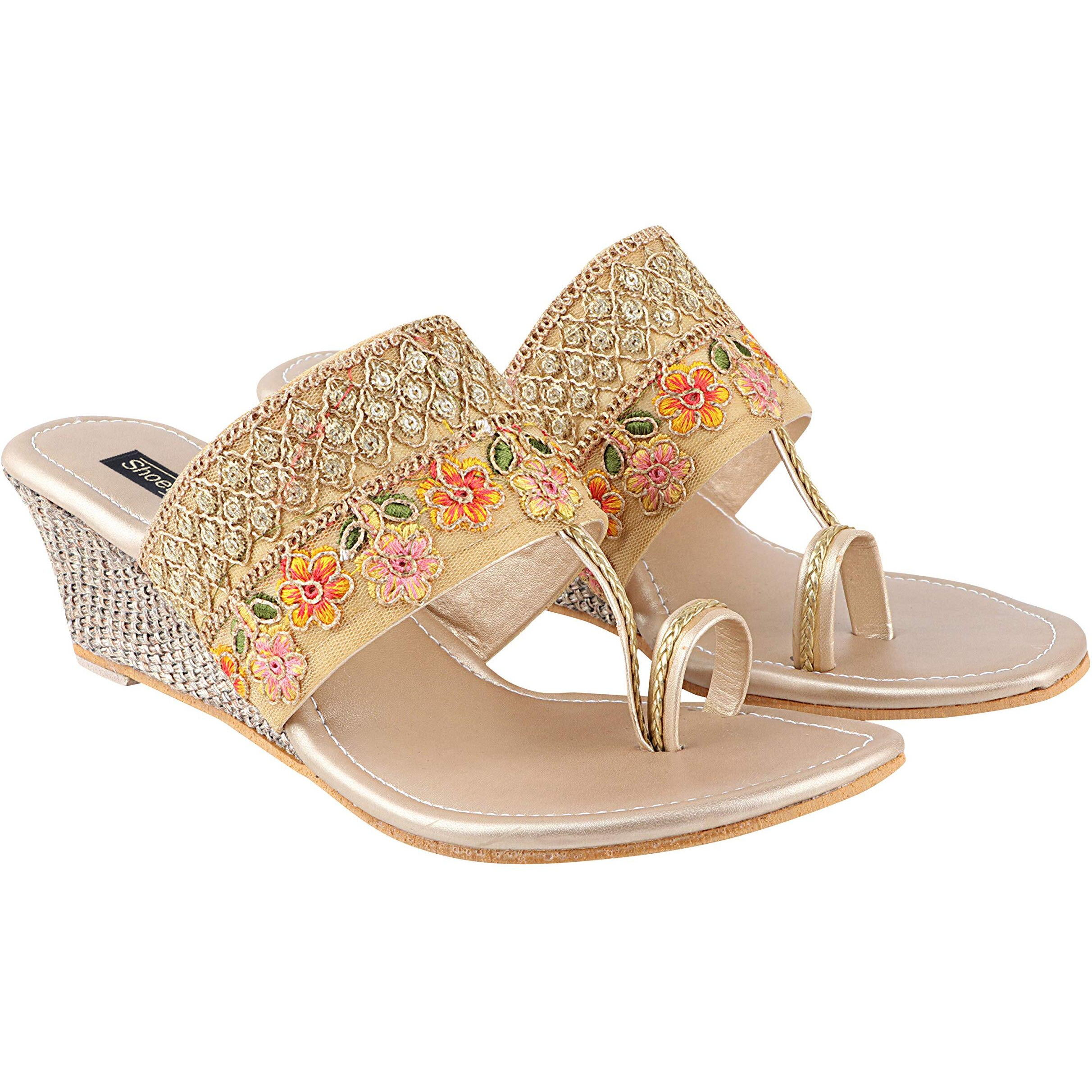 Shoetopia Women's & Girl's Gold Woven Design Wedges Heels-EU38