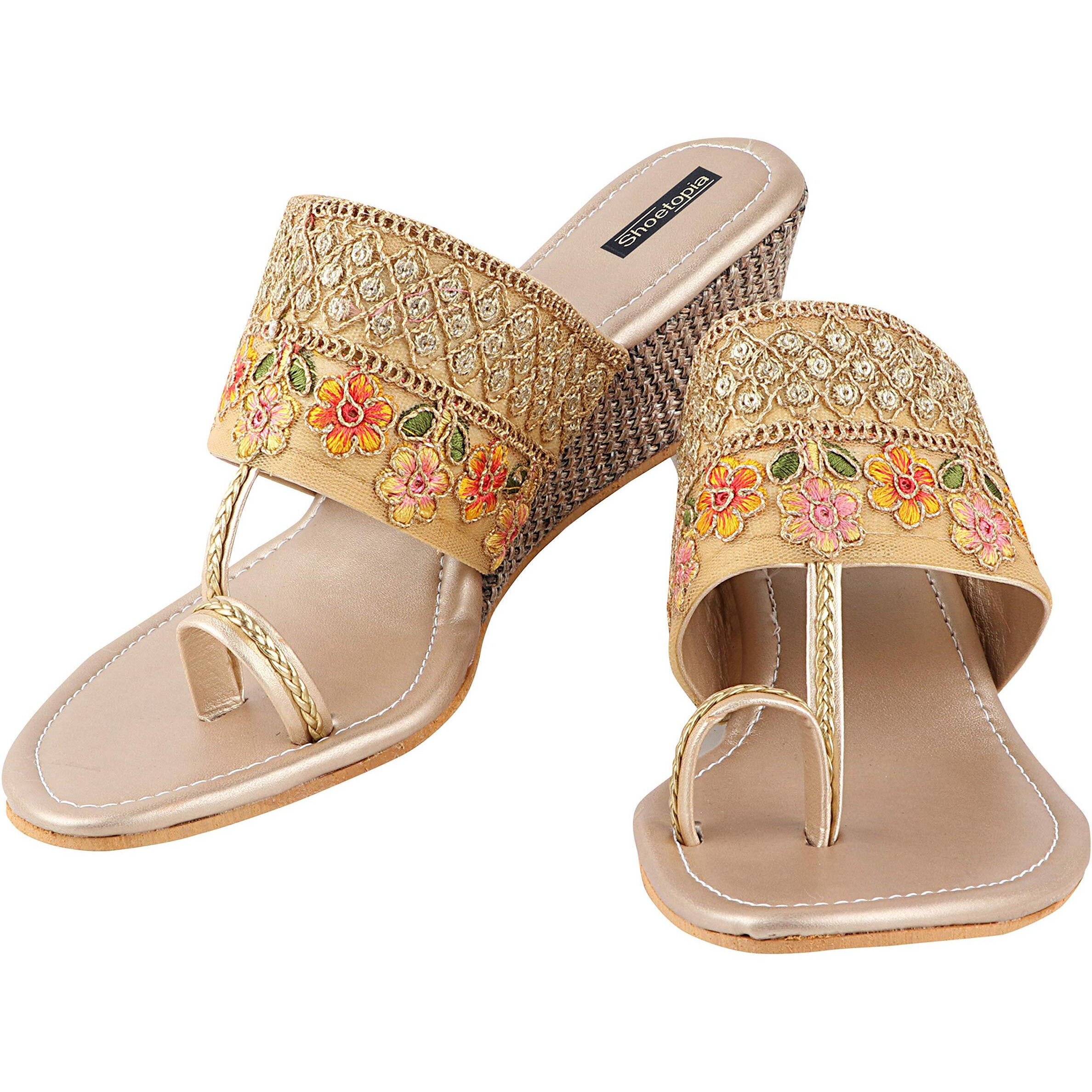 Shoetopia Women's & Girl's Gold Woven Design Wedges Heels-EU38