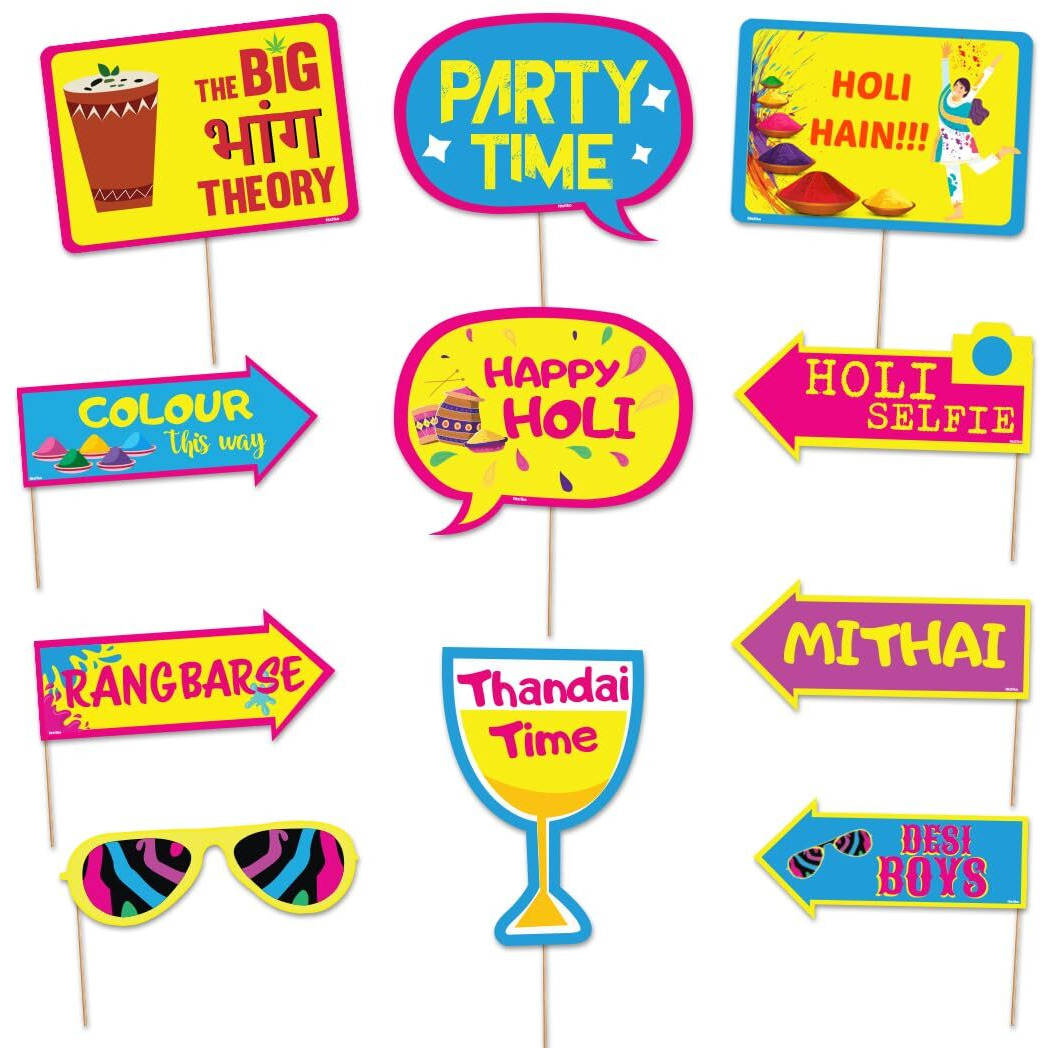 Festiko Happy Holi Photobooth Props 11 Pcs, Holi Decoration Items for Holi Party, Holi Decorations, Colourful Props for Holi