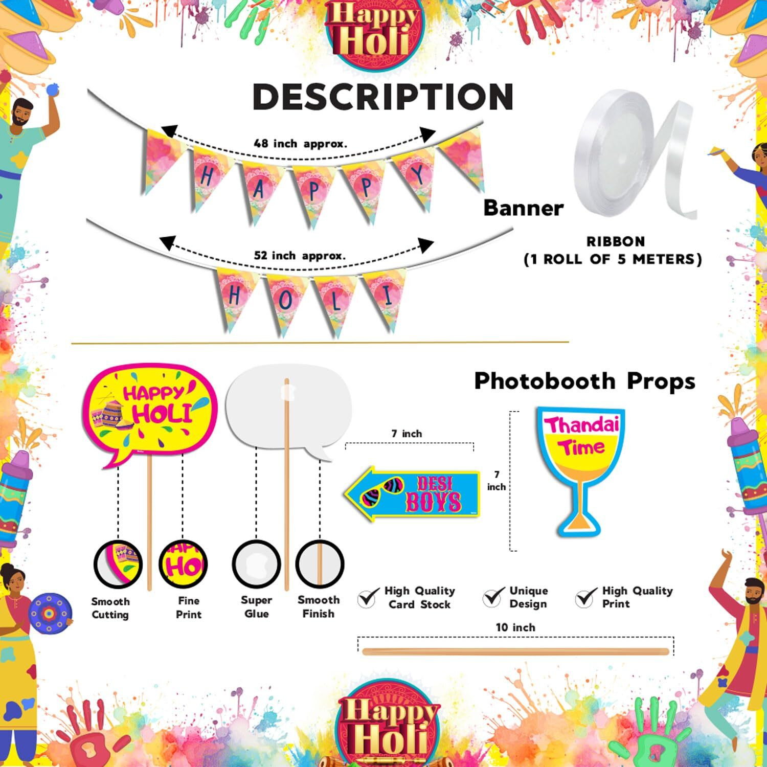 Festiko Happy Holi Decoration Combo (11pcs Photo Booth Props+Happy Holi Banner)/Holi Decoration Items for Party Holi Decorations, Party Decoration/Colourful Banner for Holi Party (Holi Combo_1)