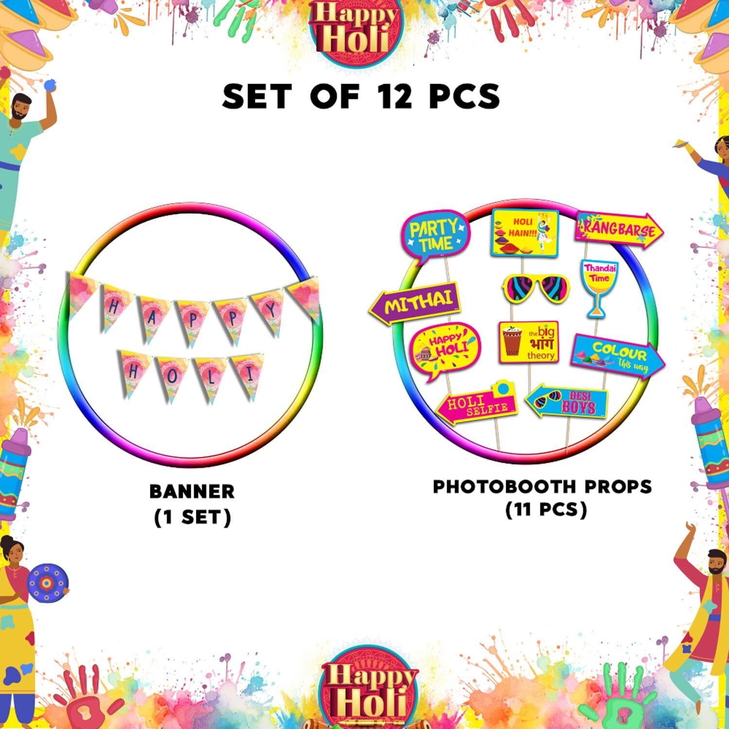 Festiko Happy Holi Decoration Combo (11pcs Photo Booth Props+Happy Holi Banner)/Holi Decoration Items for Party Holi Decorations, Party Decoration/Colourful Banner for Holi Party (Holi Combo_2)
