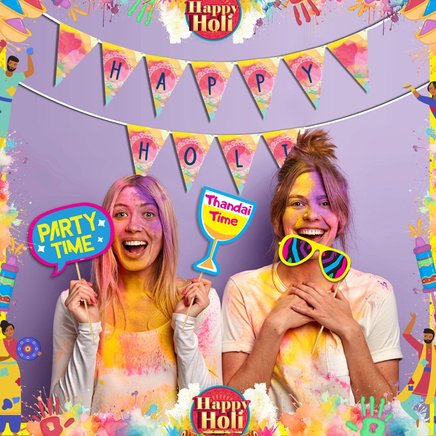 Festiko Happy Holi Decoration Combo (11pcs Photo Booth Props+Happy Holi Banner)/Holi Decoration Items for Party Holi Decorations, Party Decoration/Colourful Banner for Holi Party (Holi Combo_2)