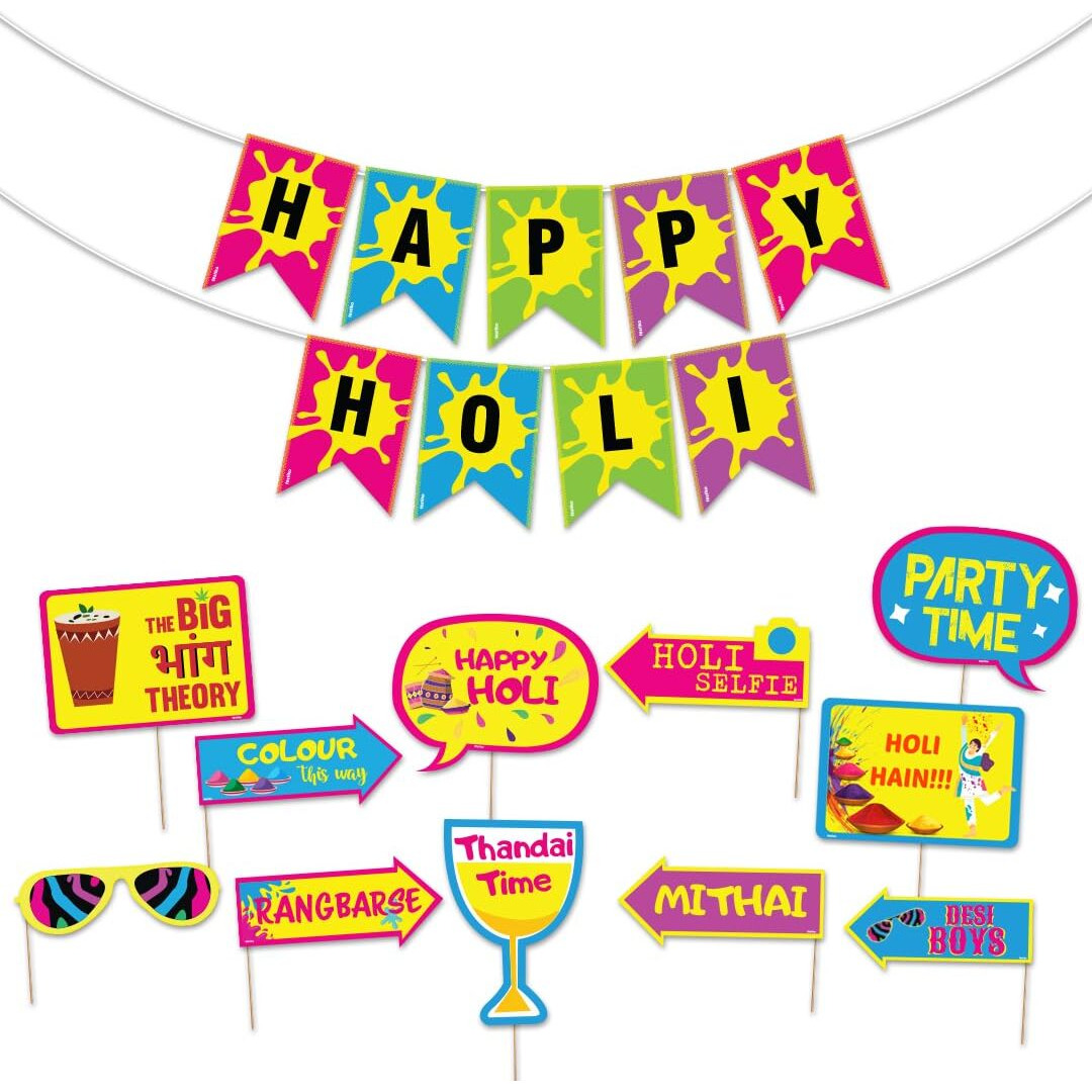Festiko Happy Holi Banner & Photobooth Props Combo Decoration (Pack of 12 Pcs), Holi Decoration Items for Holi Party, Holi Decorations, Colourful Banner for Holi Party (Holi Combo_3)