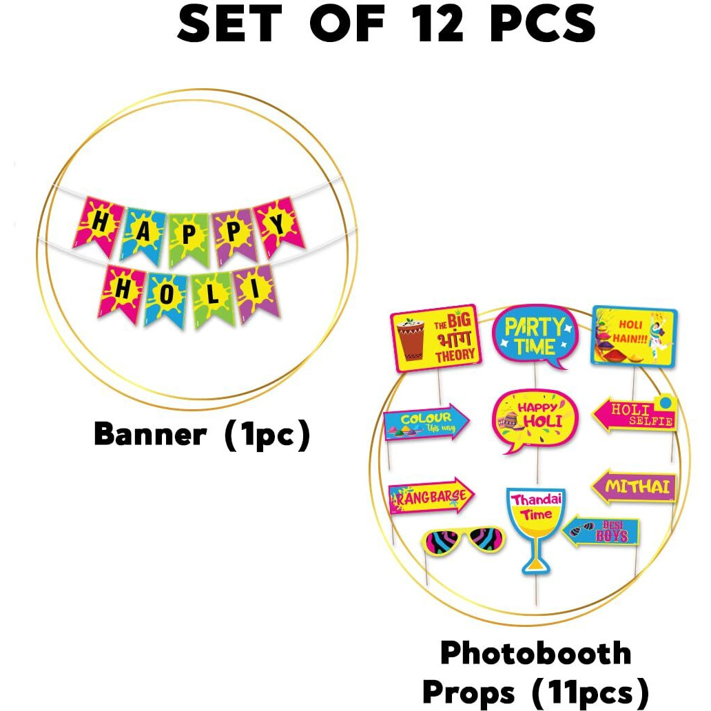 Festiko Happy Holi Banner & Photobooth Props Combo Decoration (Pack of 12 Pcs), Holi Decoration Items for Holi Party, Holi Decorations, Colourful Banner for Holi Party (Holi Combo_3)