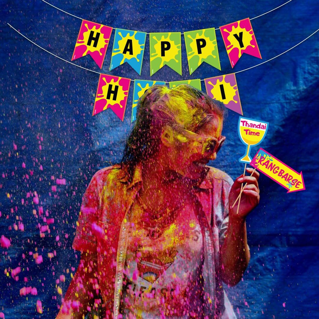 Festiko Happy Holi Banner & Photobooth Props Combo Decoration (Pack of 12 Pcs), Holi Decoration Items for Holi Party, Holi Decorations, Colourful Banner for Holi Party (Holi Combo_3)