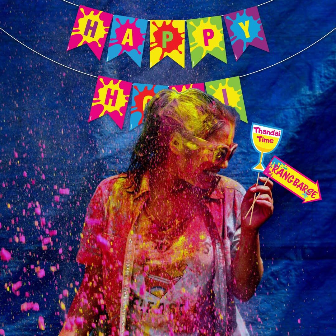 Festiko Festiko Happy Holi Banner & Photobooth Props Combo Decoration (Pack of 12 Pcs), Holi Decoration Items for Holi Party, Holi Decorations, Colourful Banner for Holi Party (Holi Combo_5)