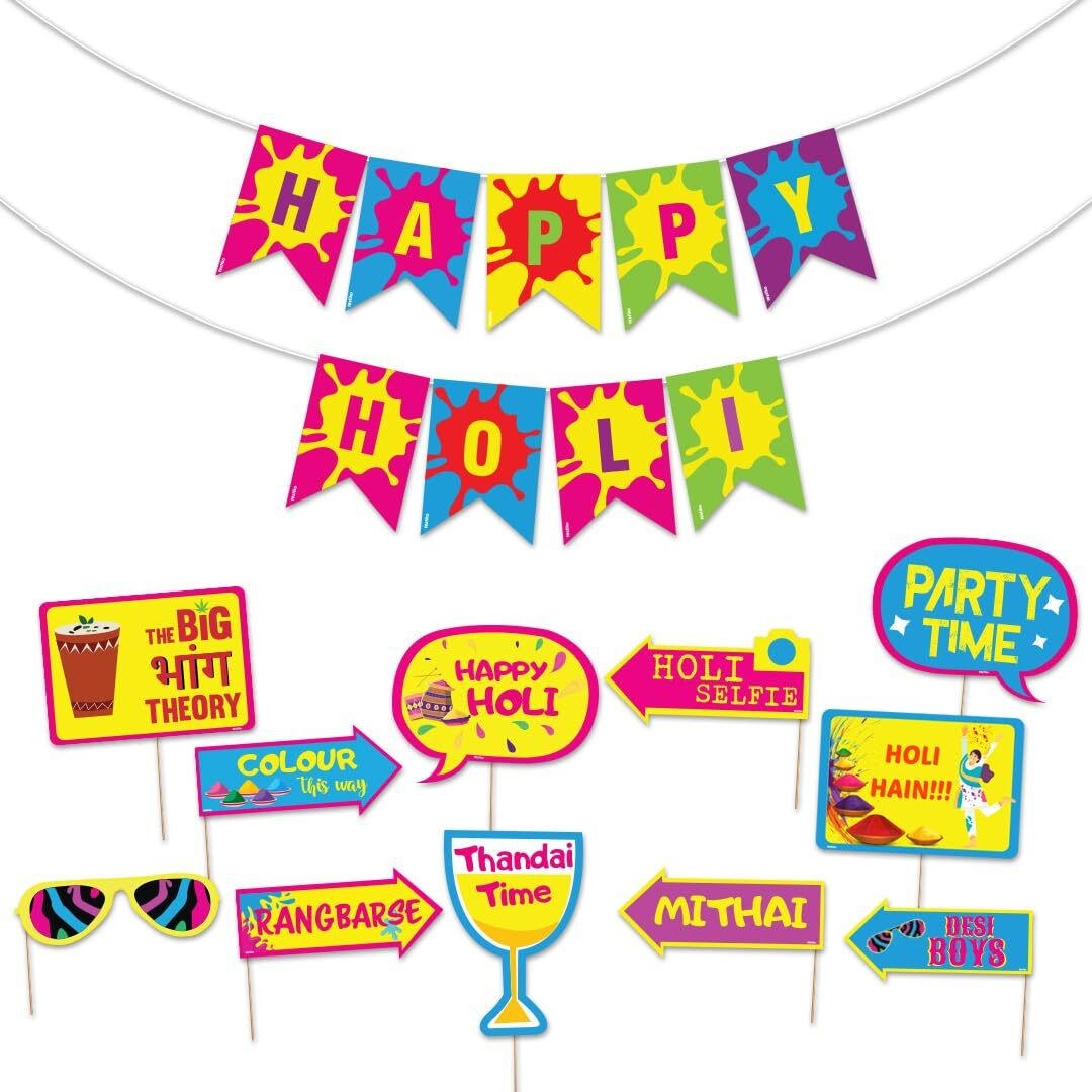 Festiko Happy Holi Banner & Photobooth Props Combo Decoration (Pack of 12 Pcs), Holi Decoration Items for Holi Party, Holi Decorations, Colourful Banner for Holi Party (Holi Combo_7)