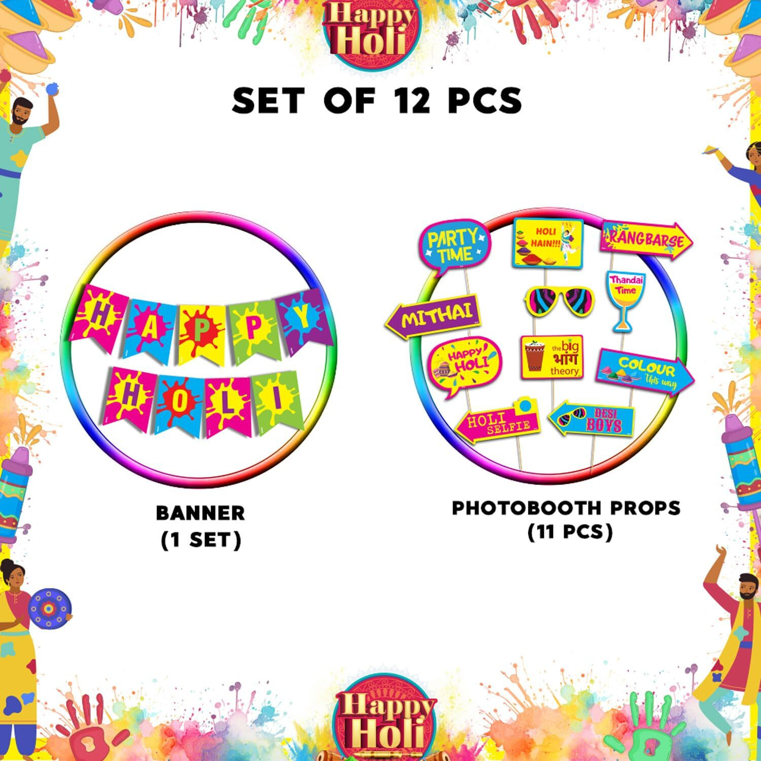 Festiko Happy Holi Banner & Photobooth Props Combo Decoration (Pack of 12 Pcs), Holi Decoration Items for Holi Party, Holi Decorations, Colourful Banner for Holi Party (Holi Combo_7)