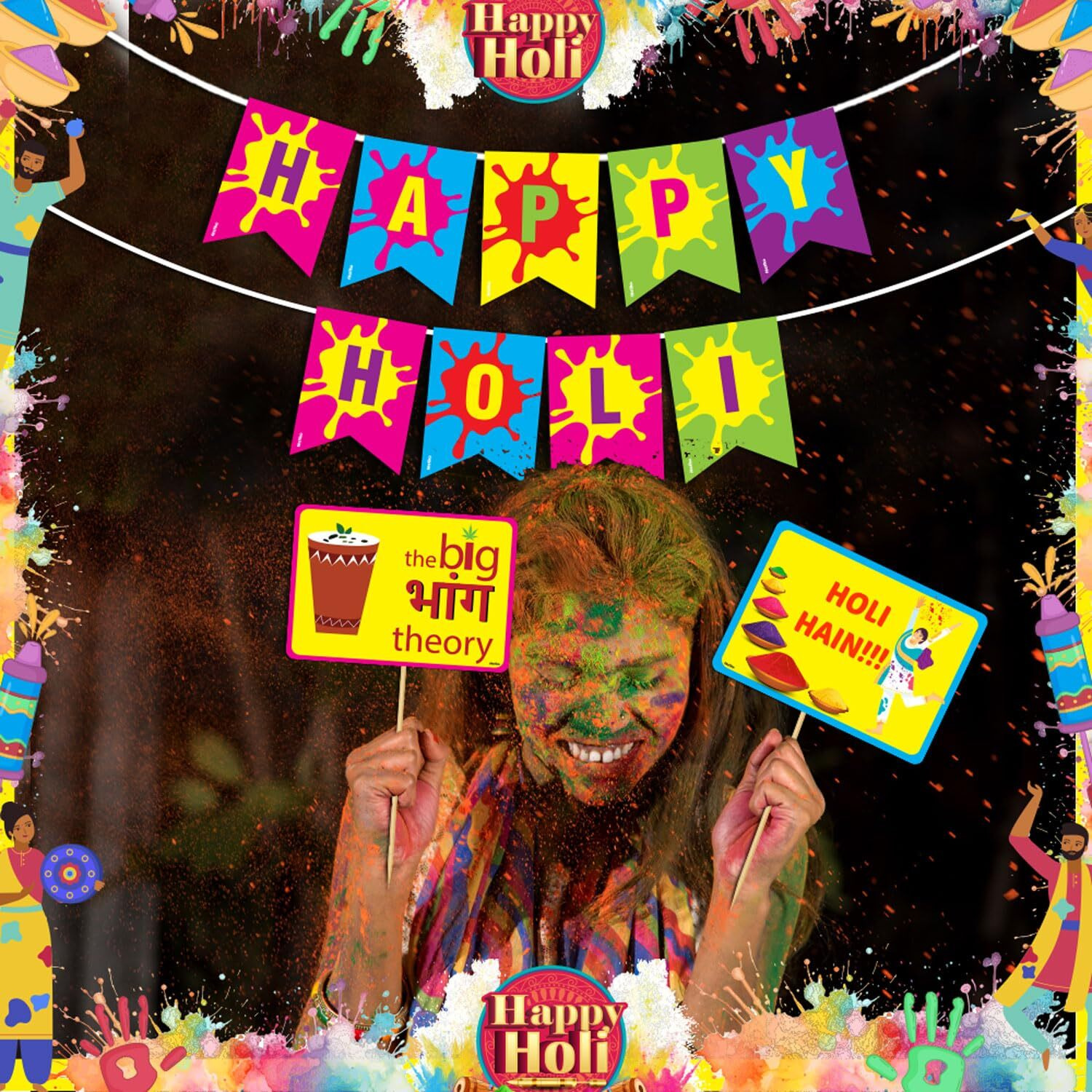 Festiko Happy Holi Banner & Photobooth Props Combo Decoration (Pack of 12 Pcs), Holi Decoration Items for Holi Party, Holi Decorations, Colourful Banner for Holi Party (Holi Combo_7)