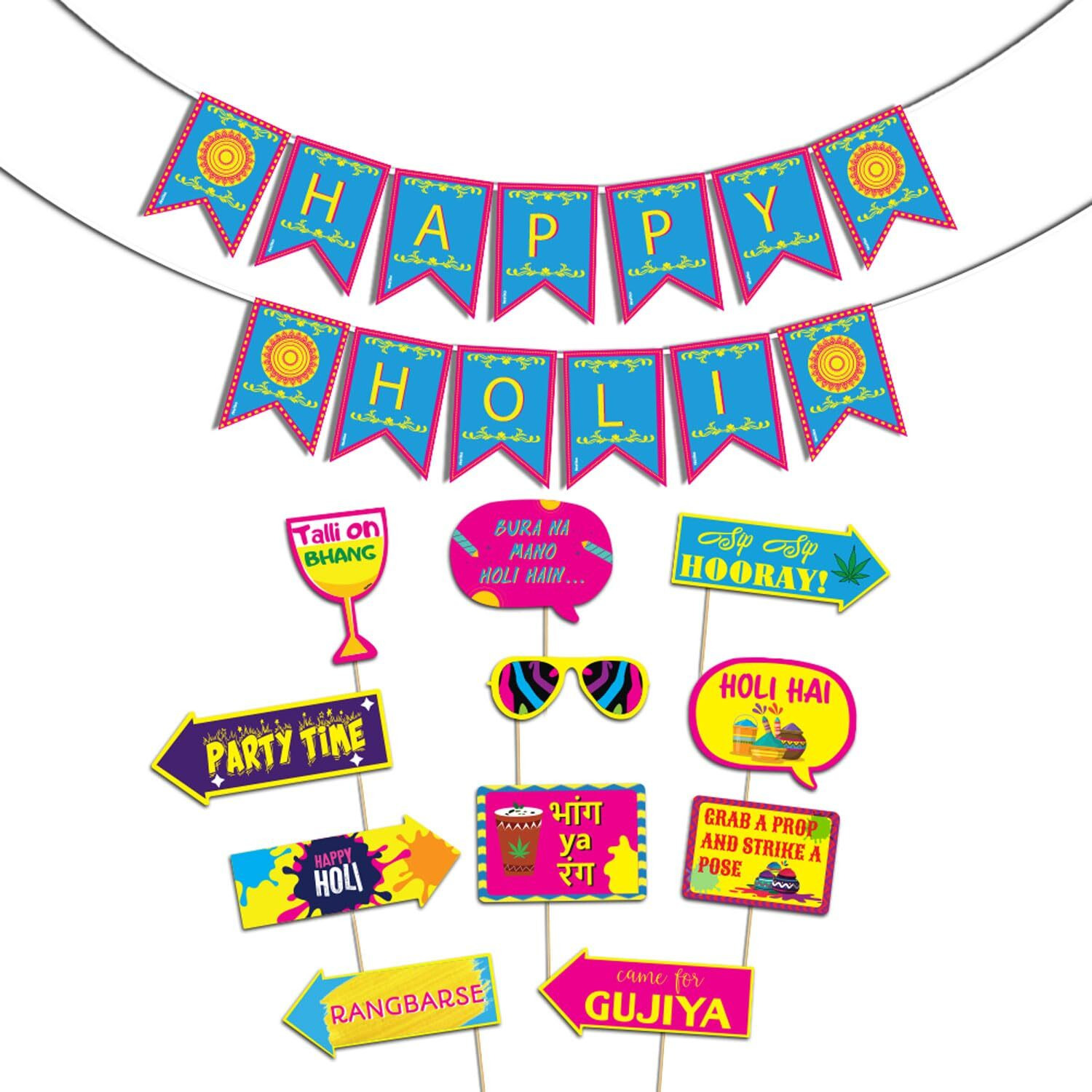 Festiko Happy Holi Decoration Combo (11pcs Photo Booth Props+Happy Holi Banner)/Holi Decoration Items for Party Holi Decorations, Party Decoration/Colourful Banner for Holi Party (Holi Combo_8)
