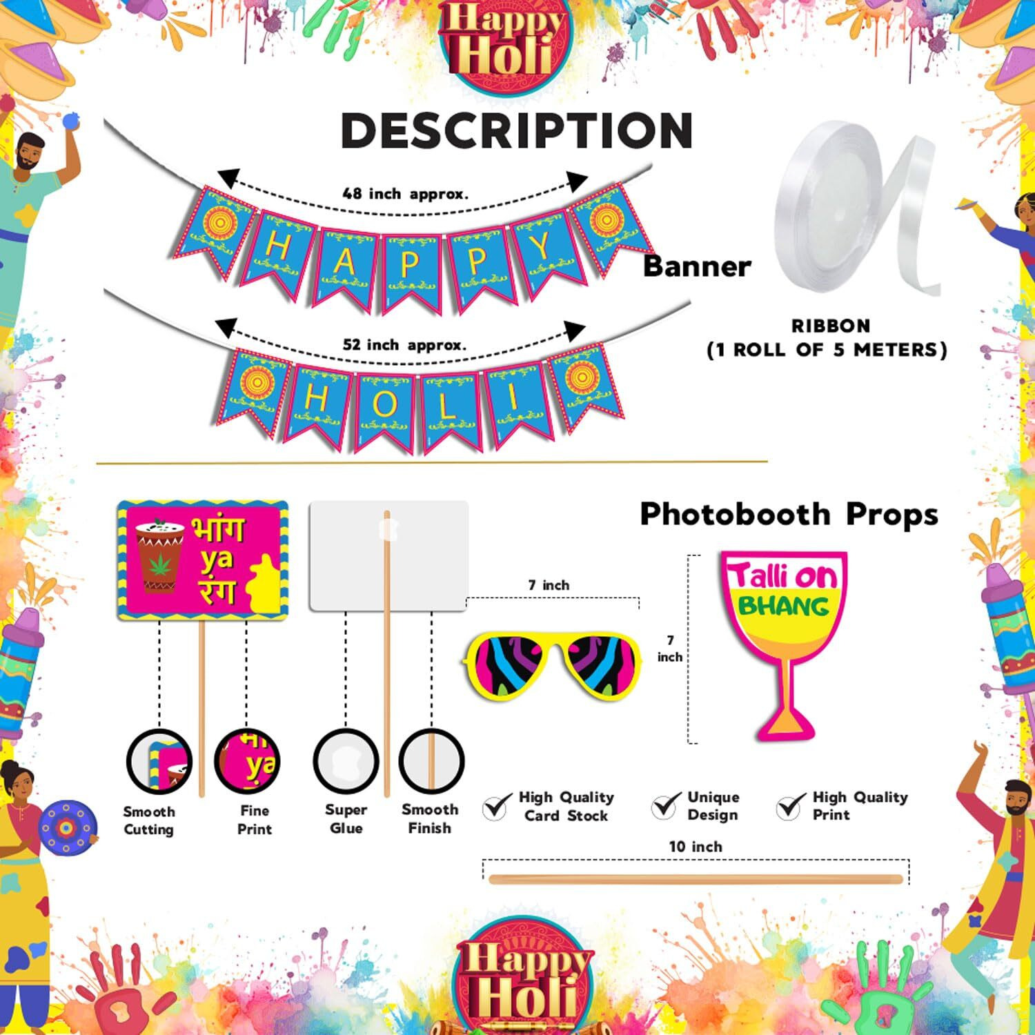 Festiko Happy Holi Decoration Combo (11pcs Photo Booth Props+Happy Holi Banner)/Holi Decoration Items for Party Holi Decorations, Party Decoration/Colourful Banner for Holi Party (Holi Combo_8)