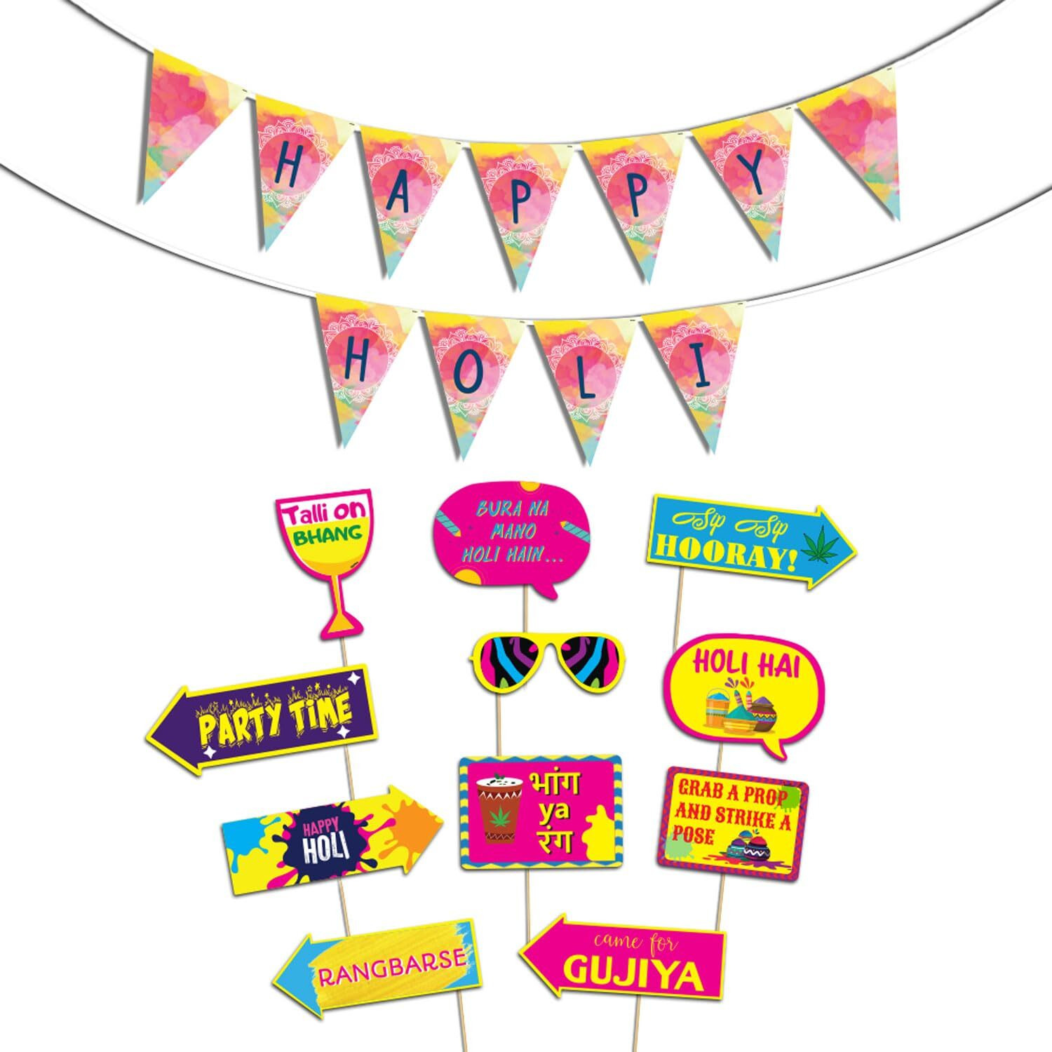 Festiko Happy Holi Decoration Combo (11pcs Photo Booth Props+Happy Holi Banner)/Holi Decoration Items for Party Holi Decorations, Party Decoration/Colourful Banner for Holi Party (Holi Combo_9)