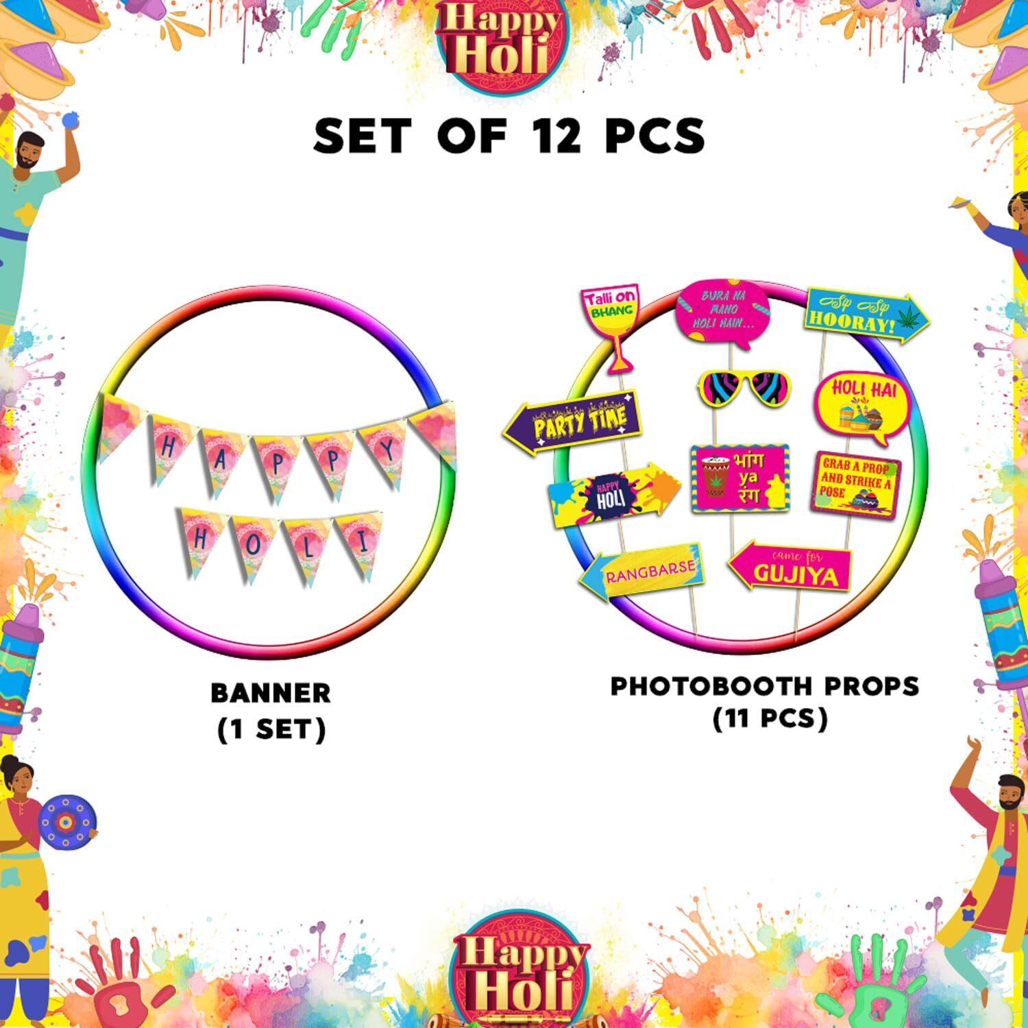 Festiko Happy Holi Decoration Combo (11pcs Photo Booth Props+Happy Holi Banner)/Holi Decoration Items for Party Holi Decorations, Party Decoration/Colourful Banner for Holi Party (Holi Combo_9)