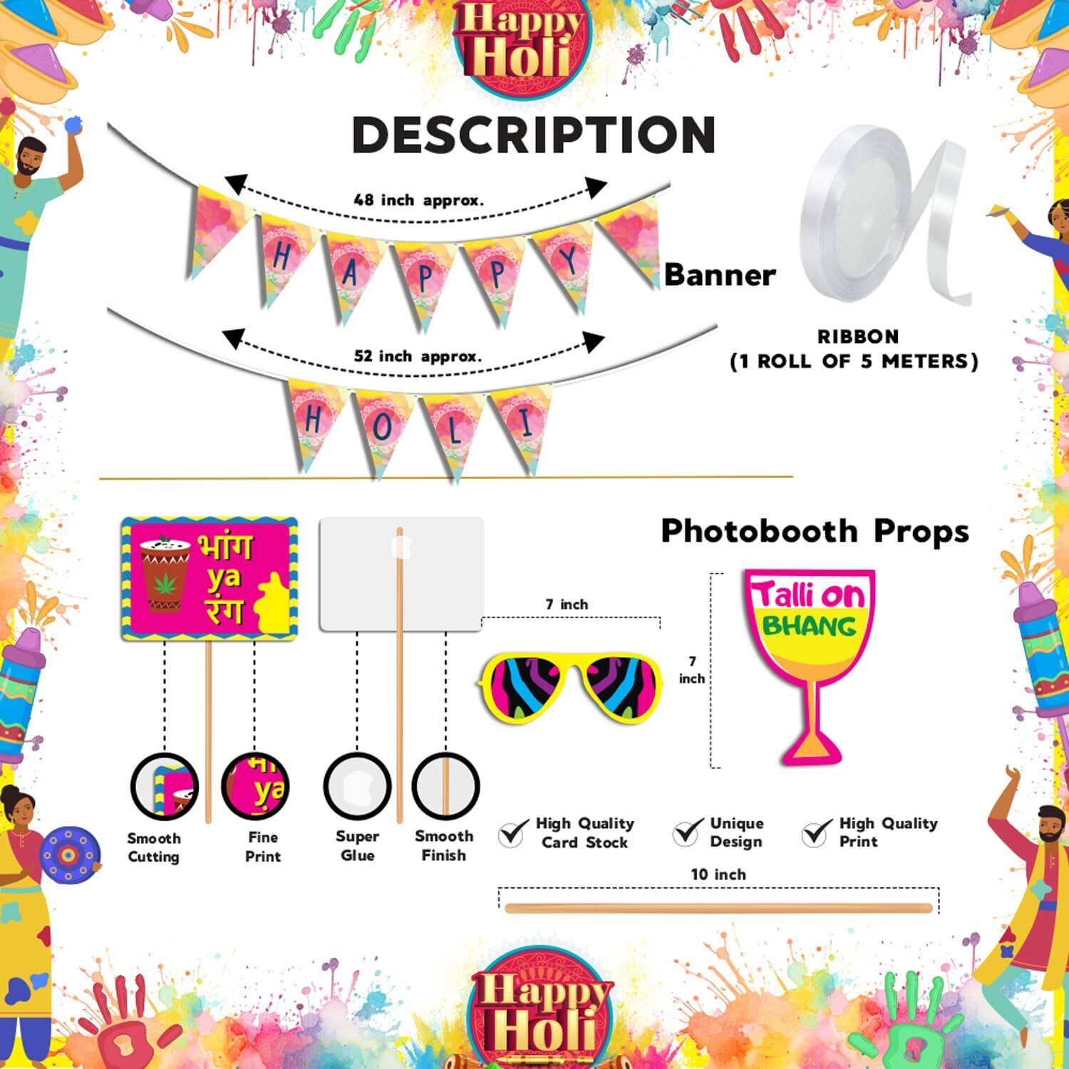 Festiko Happy Holi Decoration Combo (11pcs Photo Booth Props+Happy Holi Banner)/Holi Decoration Items for Party Holi Decorations, Party Decoration/Colourful Banner for Holi Party (Holi Combo_9)