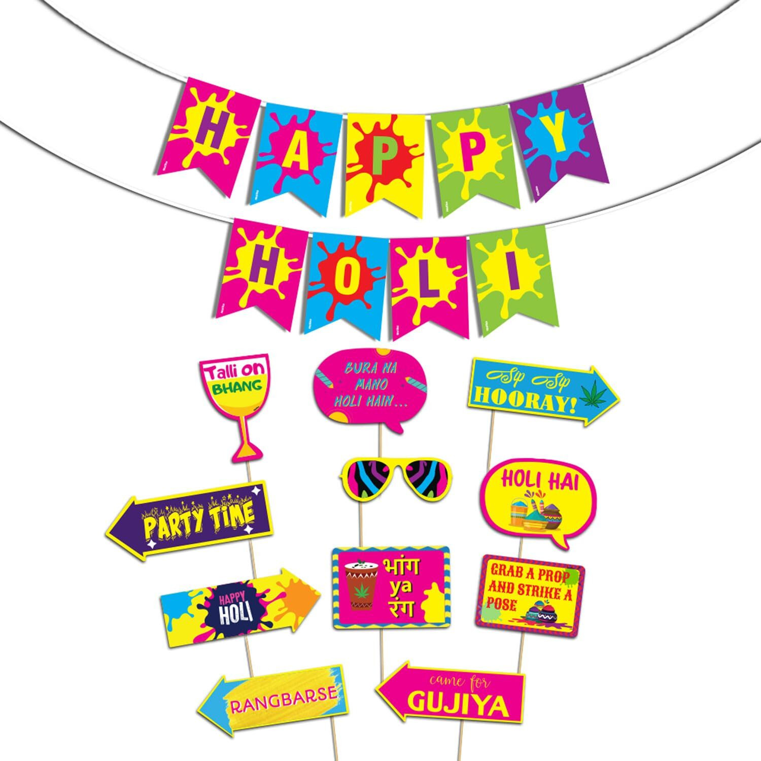 Festiko Happy Holi Decoration Combo (11pcs Photo Booth Props+Happy Holi Banner)/Holi Decoration Items for Party Holi Decorations, Party Decoration/Colourful Banner for Holi Party (Holi Combo_10)