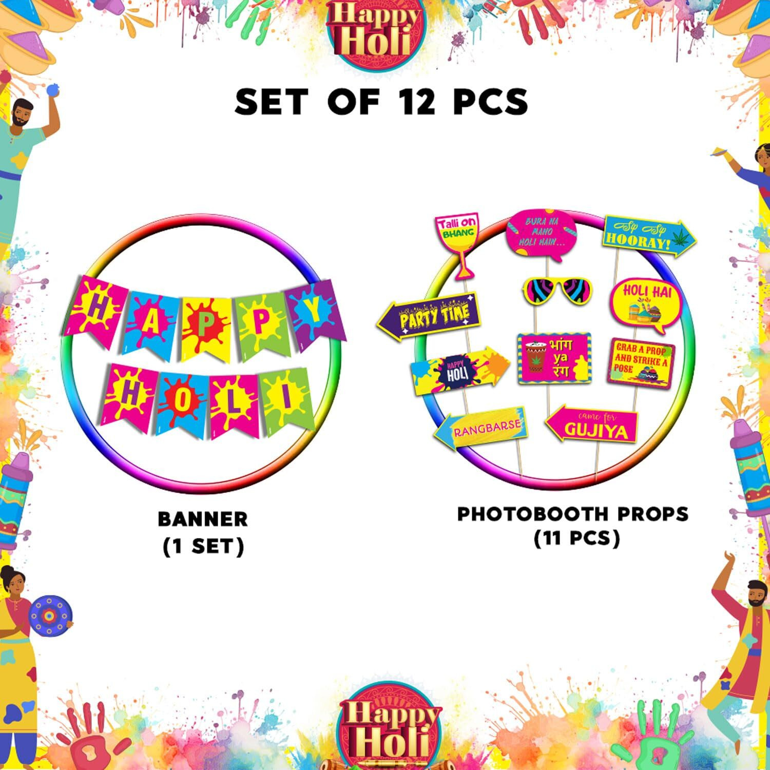 Festiko Happy Holi Decoration Combo (11pcs Photo Booth Props+Happy Holi Banner)/Holi Decoration Items for Party Holi Decorations, Party Decoration/Colourful Banner for Holi Party (Holi Combo_10)