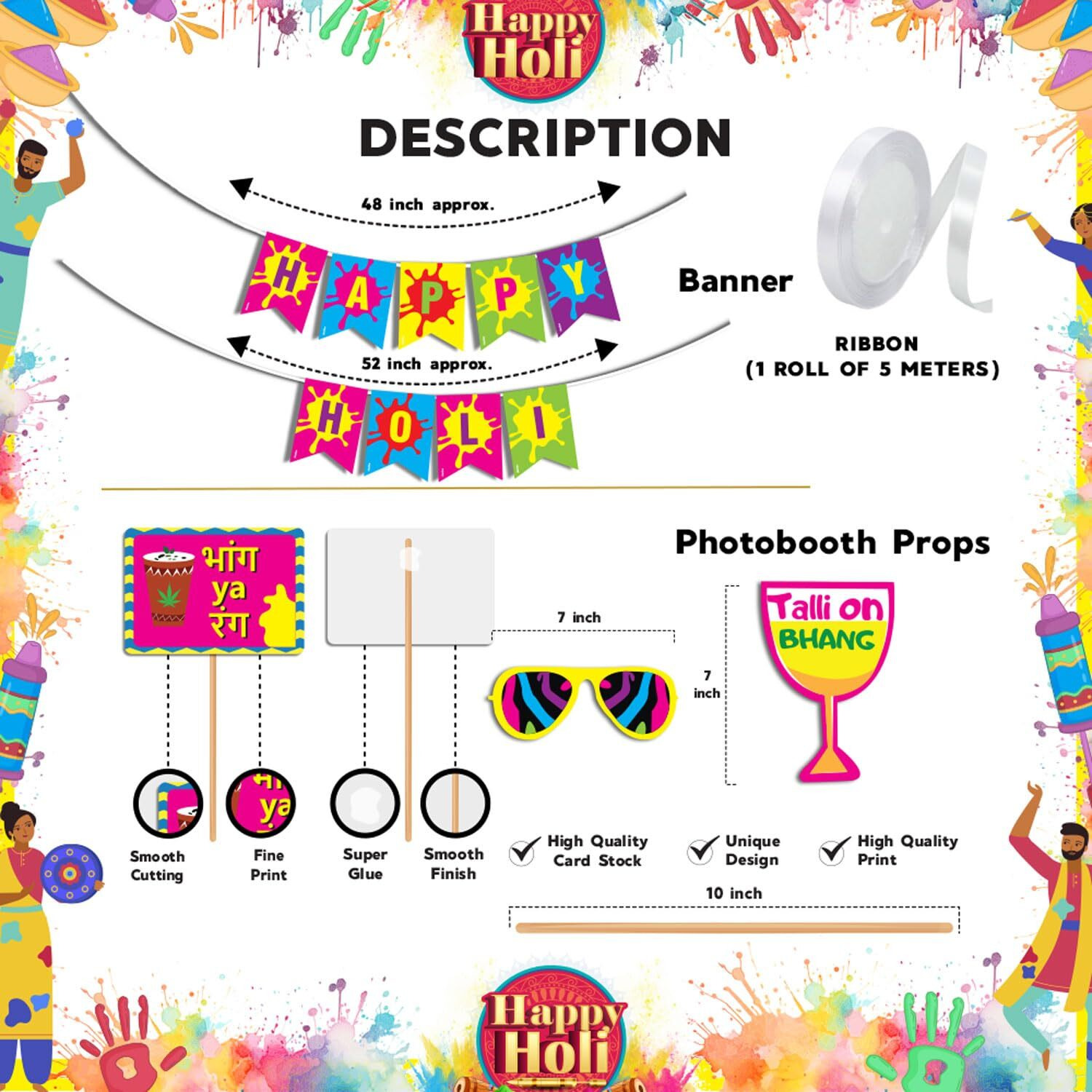 Festiko Happy Holi Decoration Combo (11pcs Photo Booth Props+Happy Holi Banner)/Holi Decoration Items for Party Holi Decorations, Party Decoration/Colourful Banner for Holi Party (Holi Combo_10)